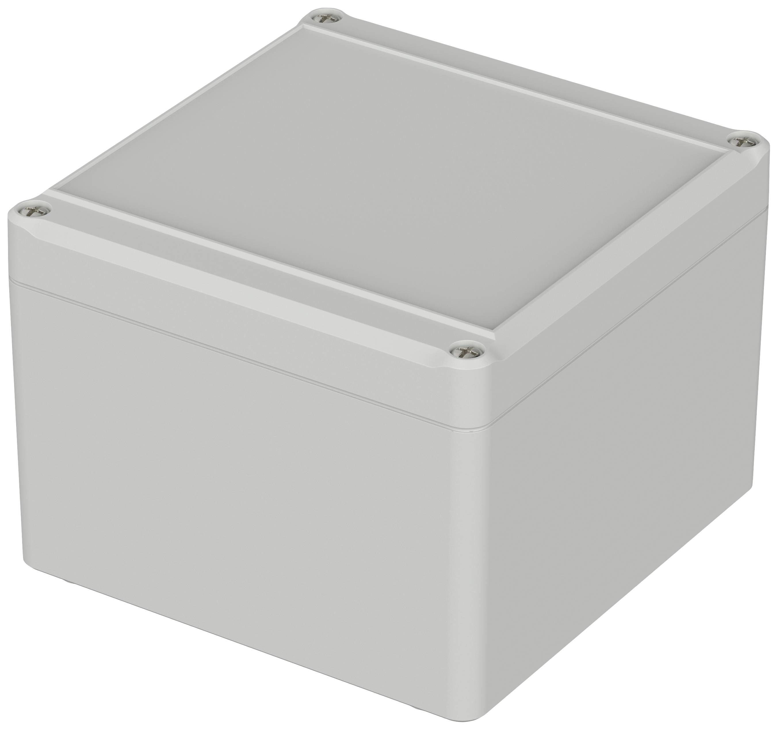 Grey, square housing with rounded edges, sealed with four screws at the corners.