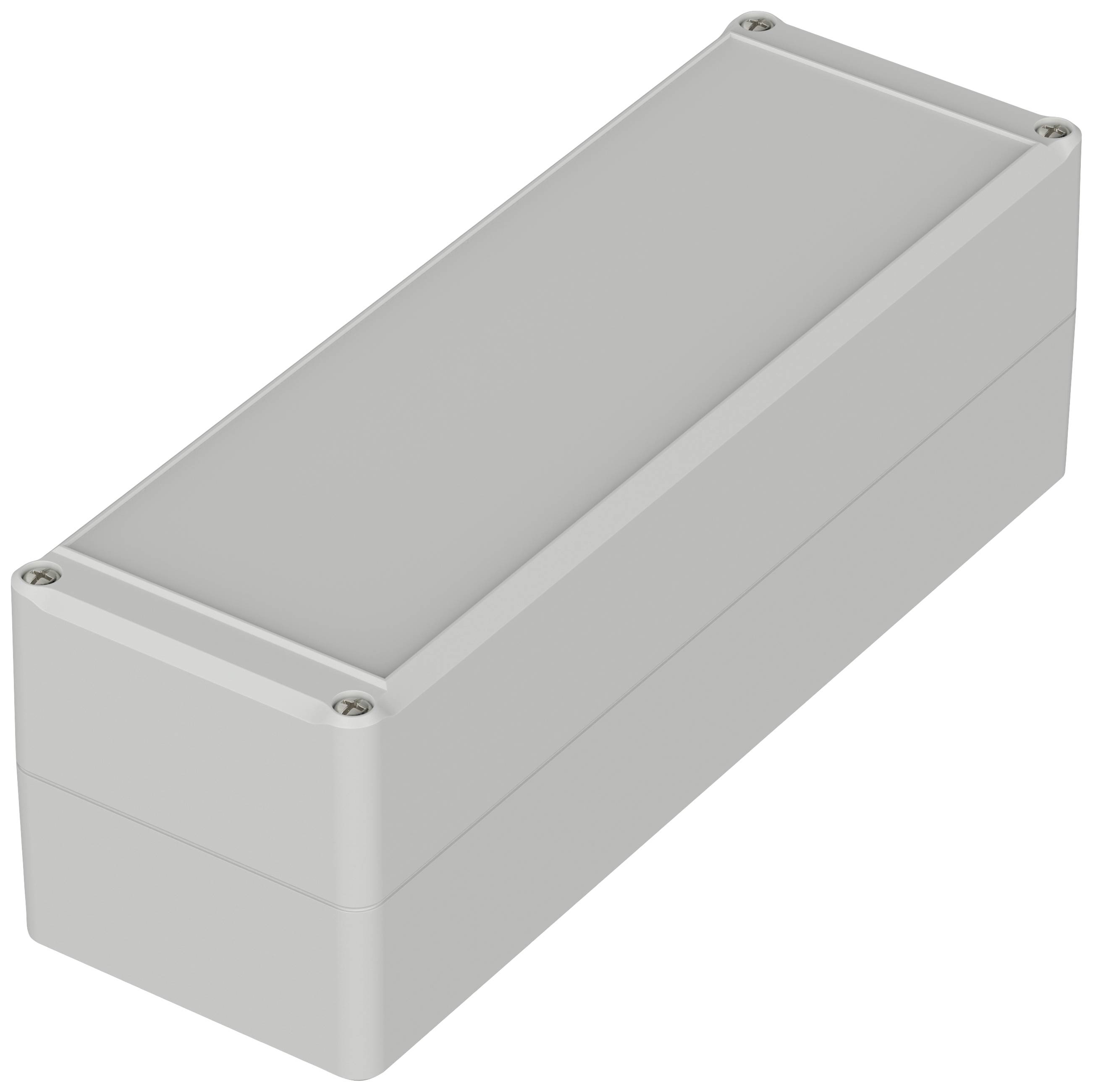 A rectangular, grey electronic enclosure with rounded corners and four screws at the corners of the lid.