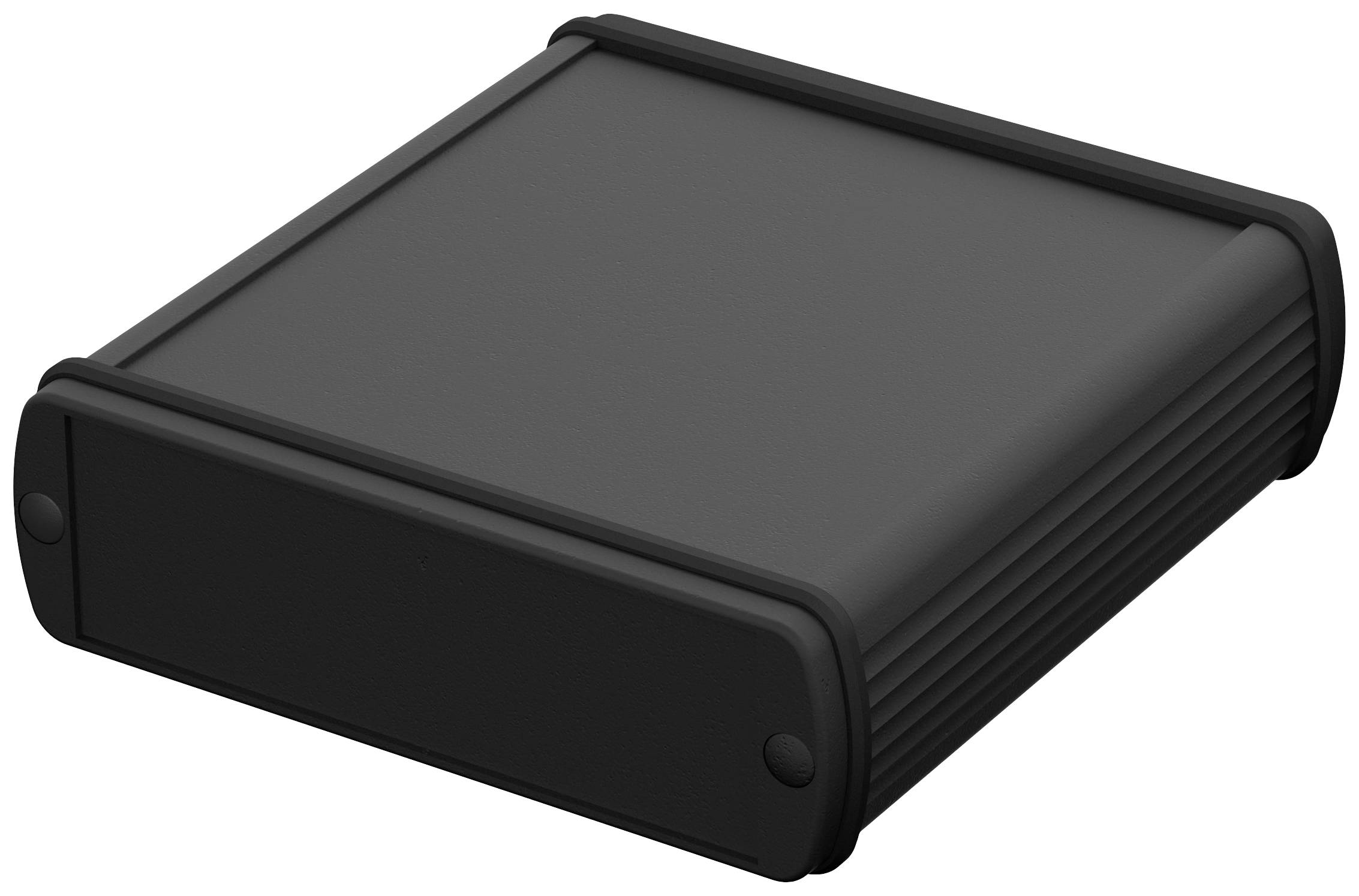Black external enclosure, rectangular with rounded corners, made of plastic, for housing electronic devices.