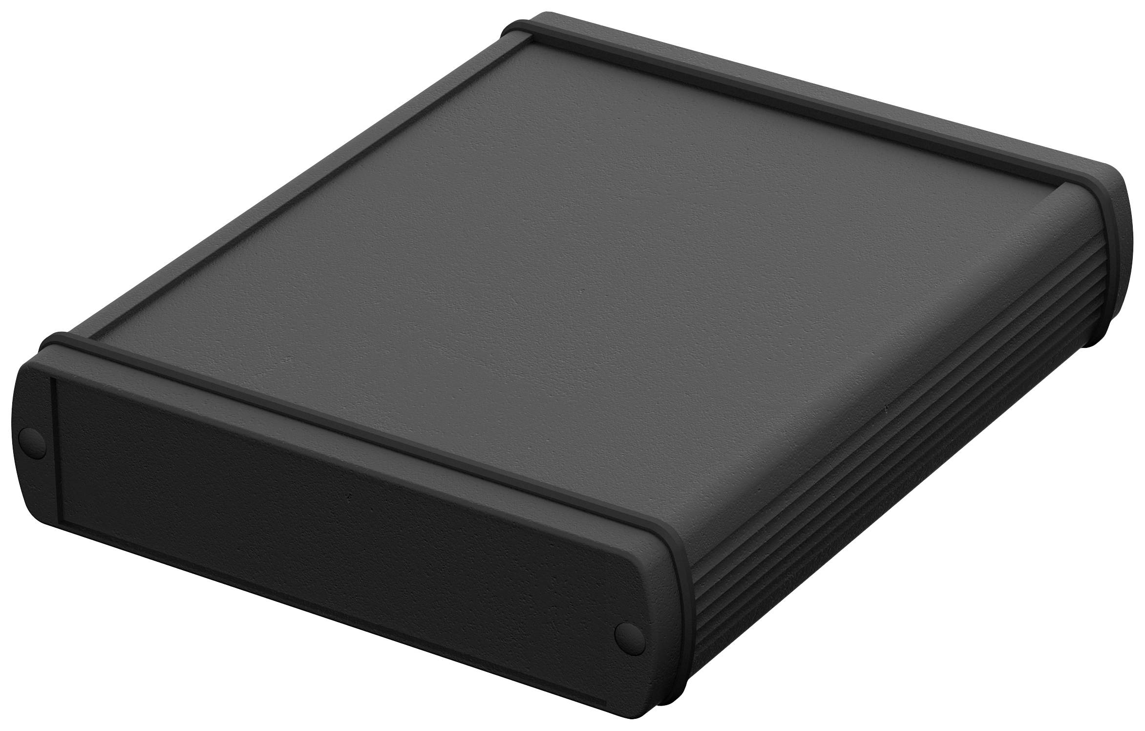 Black, rectangular, flat enclosure, possibly for electronic devices.(Note: The translation is in British English and maintains the original description's structure and meaning.)