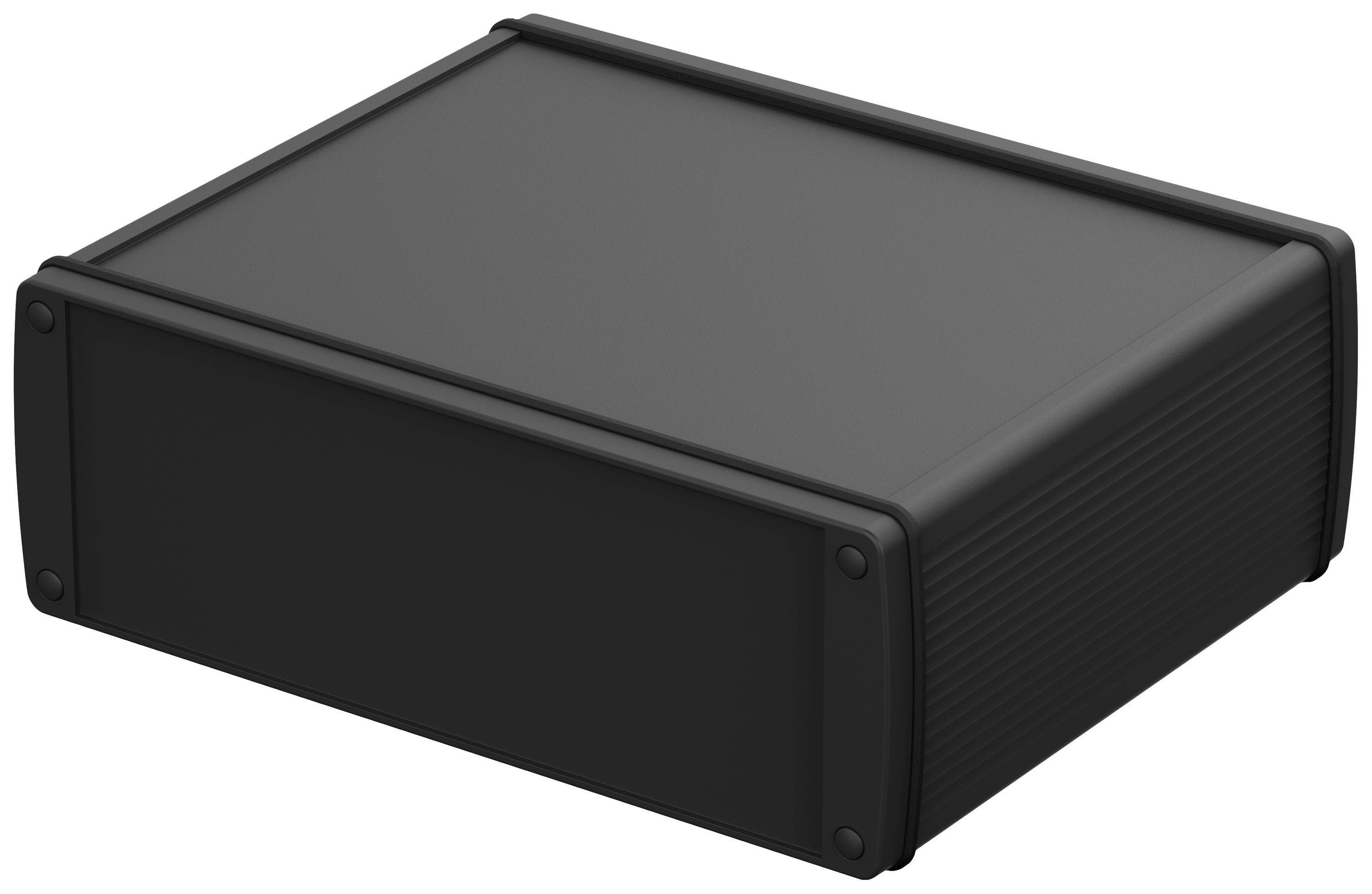A black, rectangular electronic enclosure with rounded corners and removable side panels.