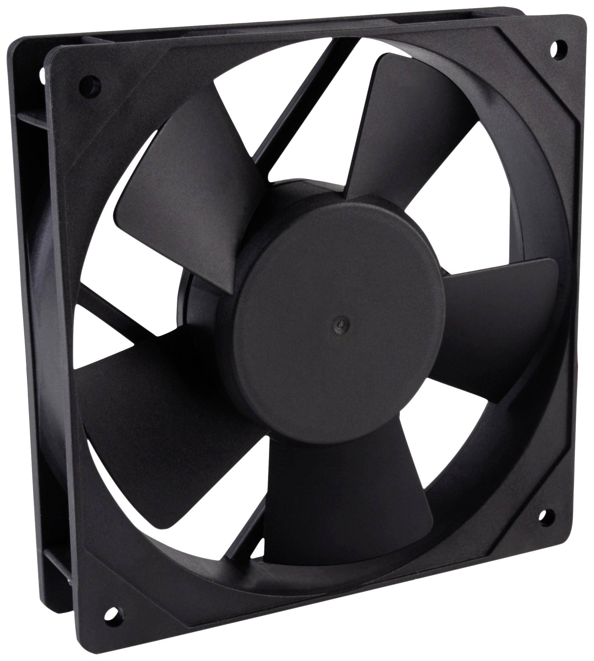 A black computer fan with seven blades in a square frame.
