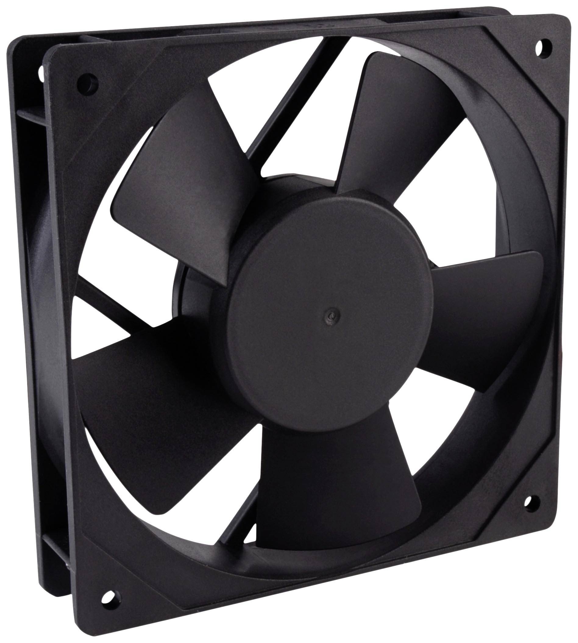 A black computer fan with seven rotor blades, square-framed; commonly used for cooling in electronic devices.