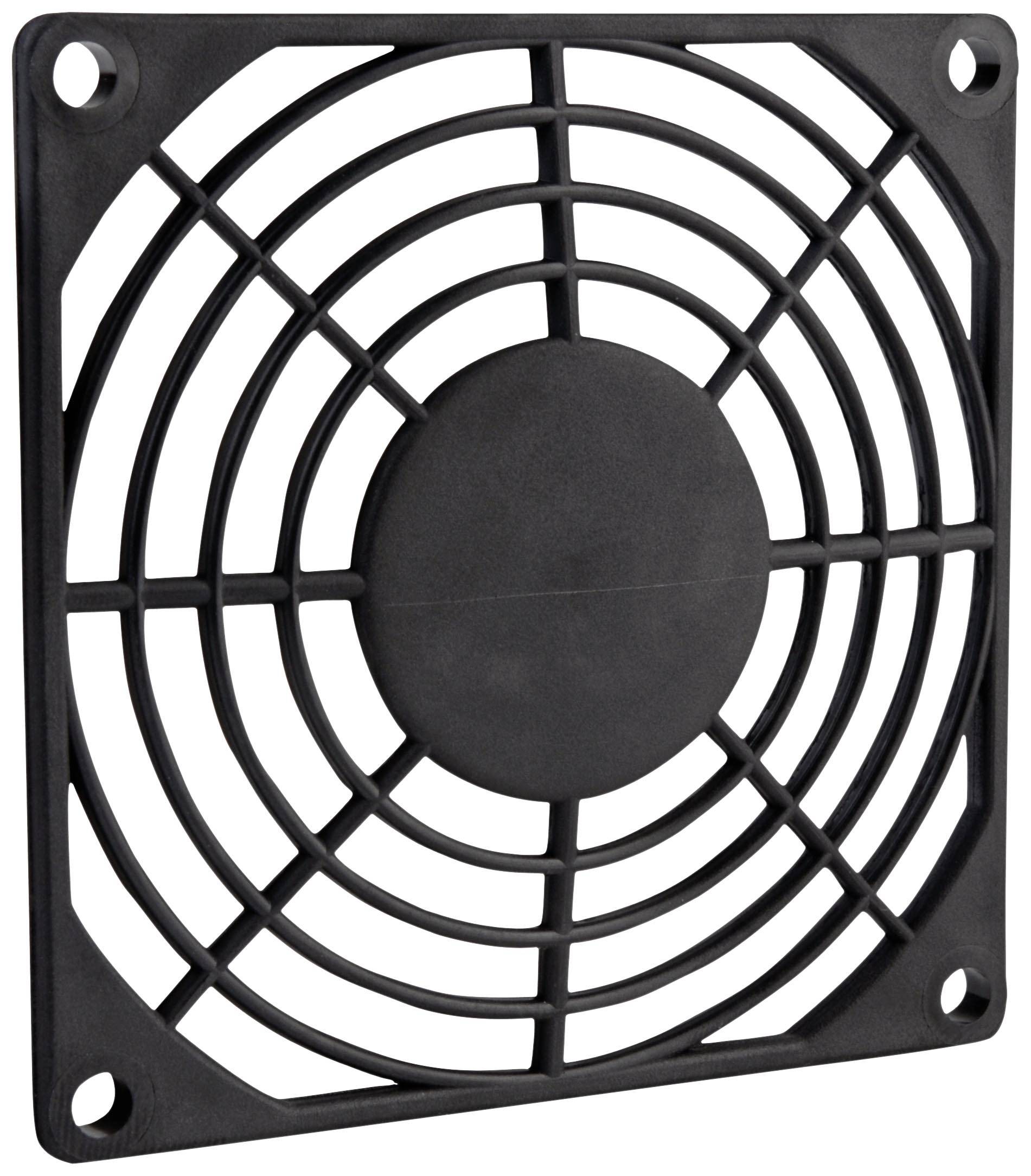 A black fan grille with a square frame and circular mesh nets, used to cover and protect fans.