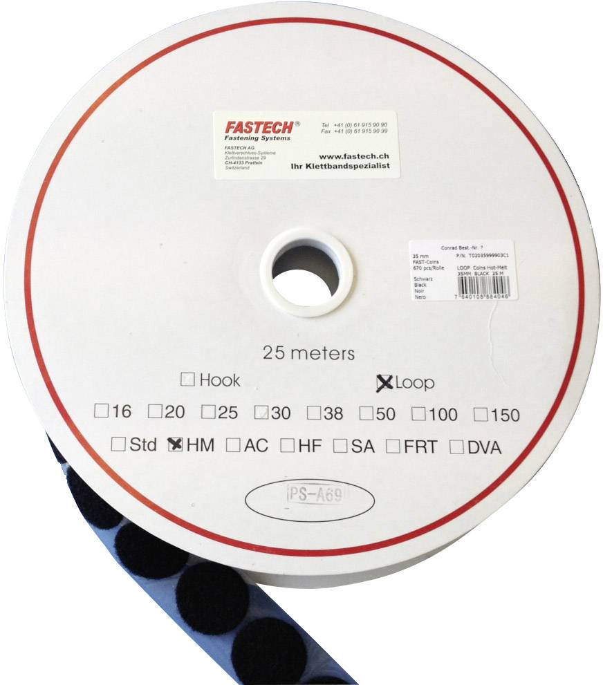 A large, round reel with hook and loop fastener tape measuring 25 metres. Printed information displays various size options.
