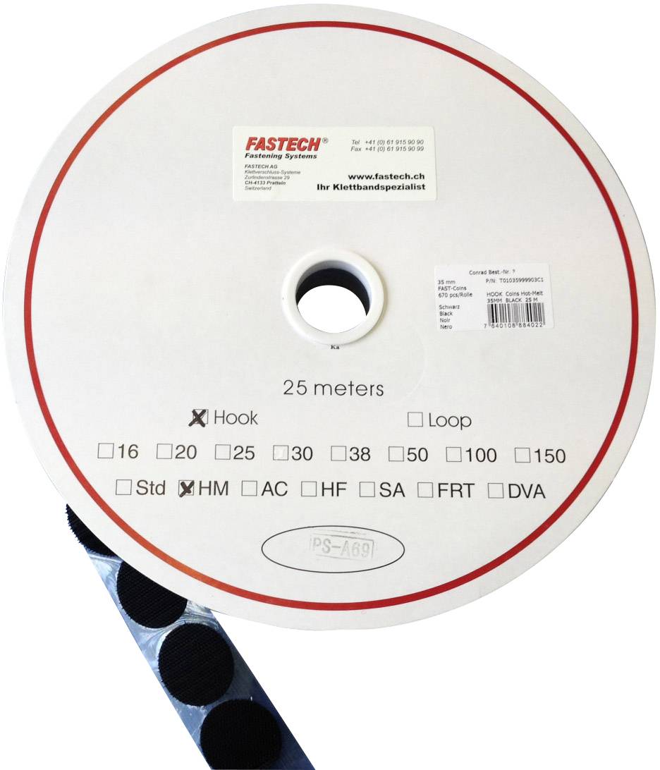 Large roll of hook and loop fastening tape, 25 metres in length. Labelled with 'FASTECH' and size indications: X, 16, 20, 25, 30, 38, 50, 100, 150 cm.