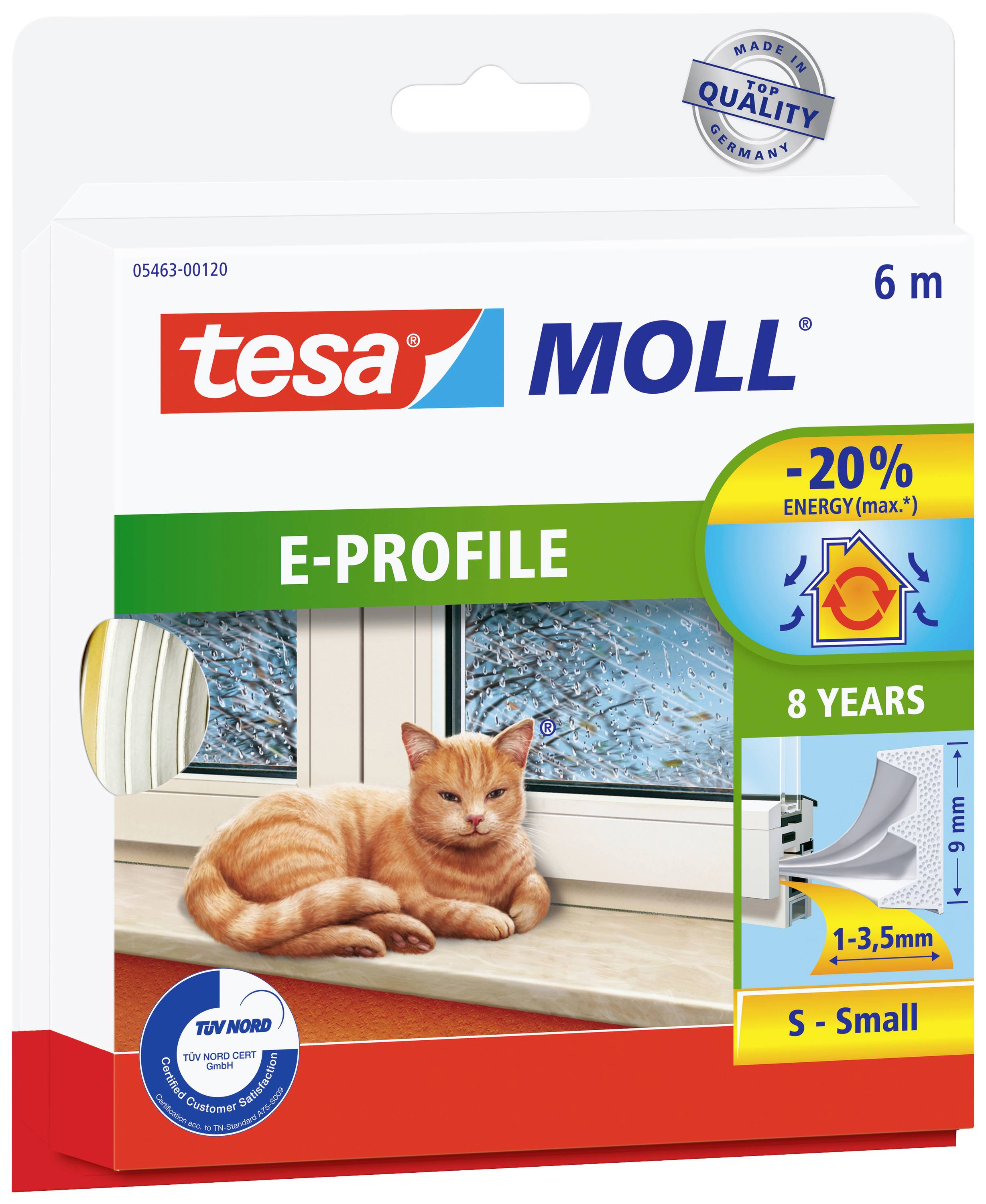 Packaging for a Tesa Moll sealing roll, E-profile, size S, promises up to 20% energy savings and lasts 8 years.