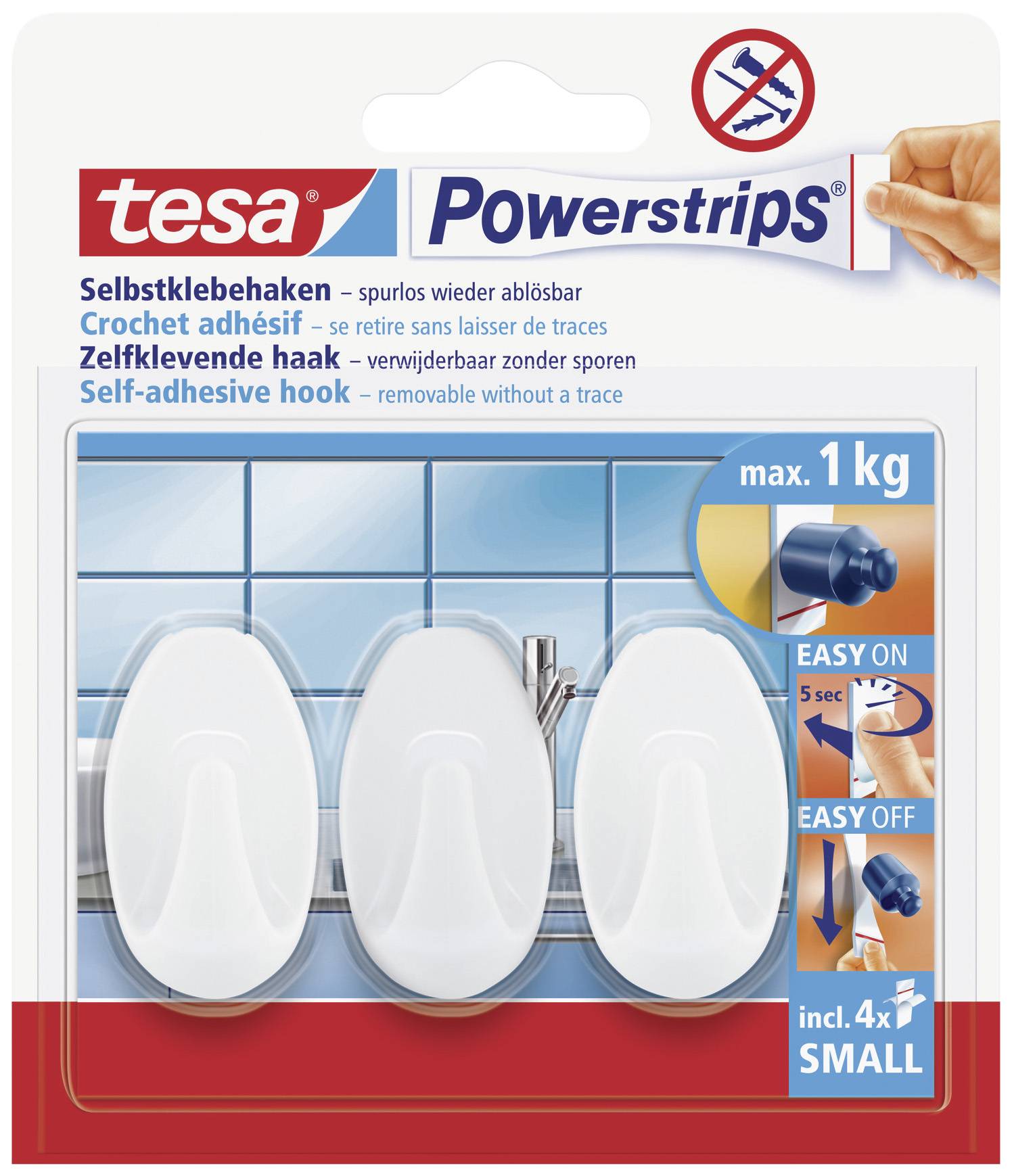 Three white, self-adhesive Tesa hooks shown on a blue-tiled wall. Holds up to 1 kg, easy to apply and remove.