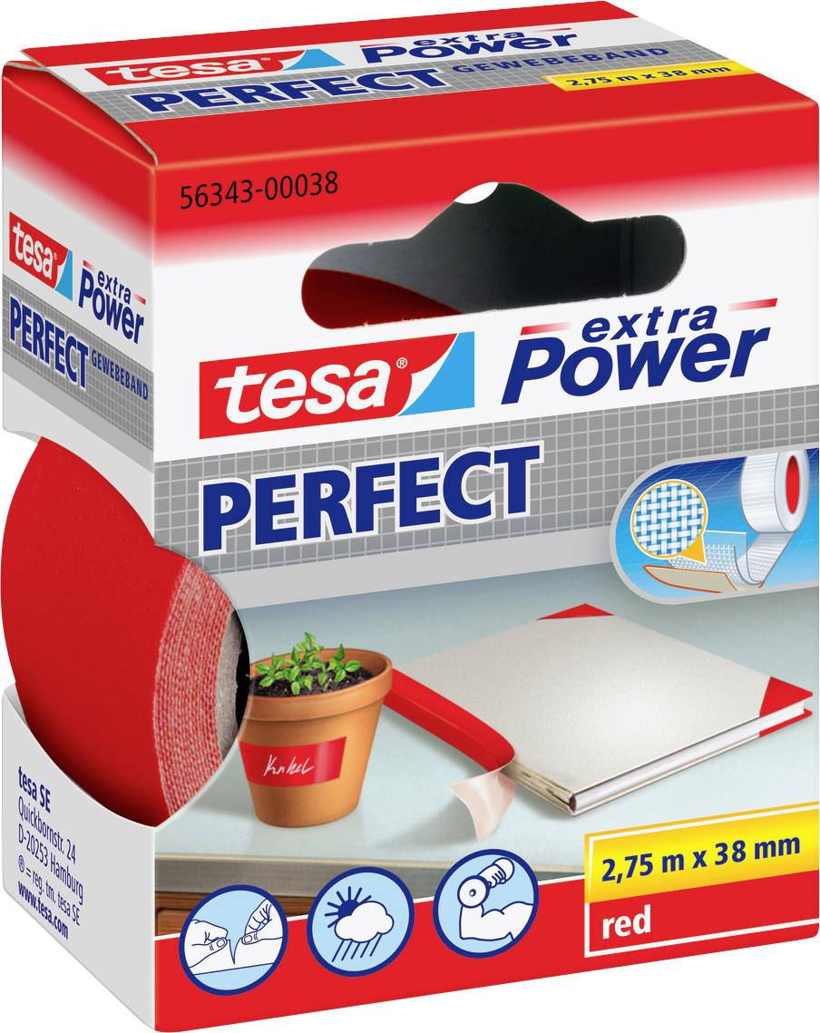 Packaging of 'tesa extra Power PERFECT' red adhesive tape, featuring images of applications like gardening and crafting. Roll measures 2.75 m x 38 mm.