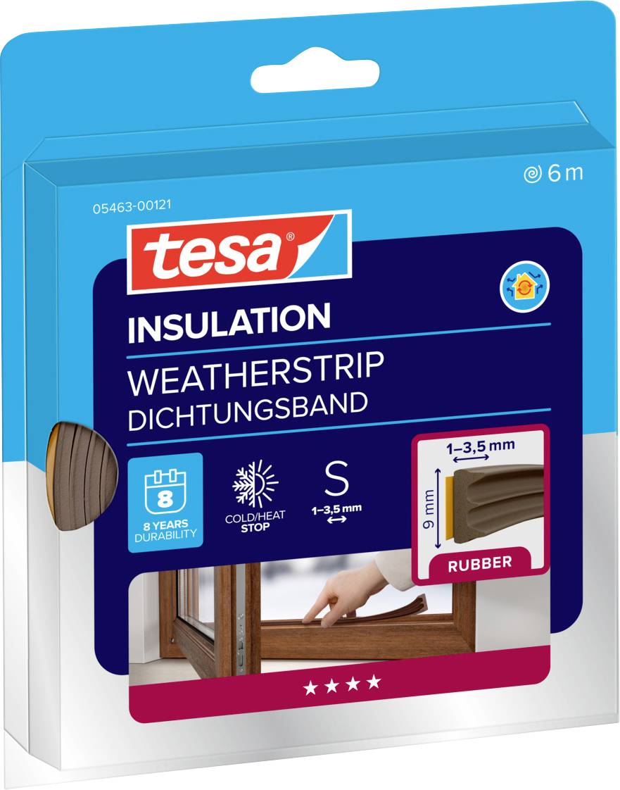 The image shows packaging for 'tesa' insulation weatherstrip, suitable for gaps 1-3.5 mm, with durability of 8 years; features a window label.