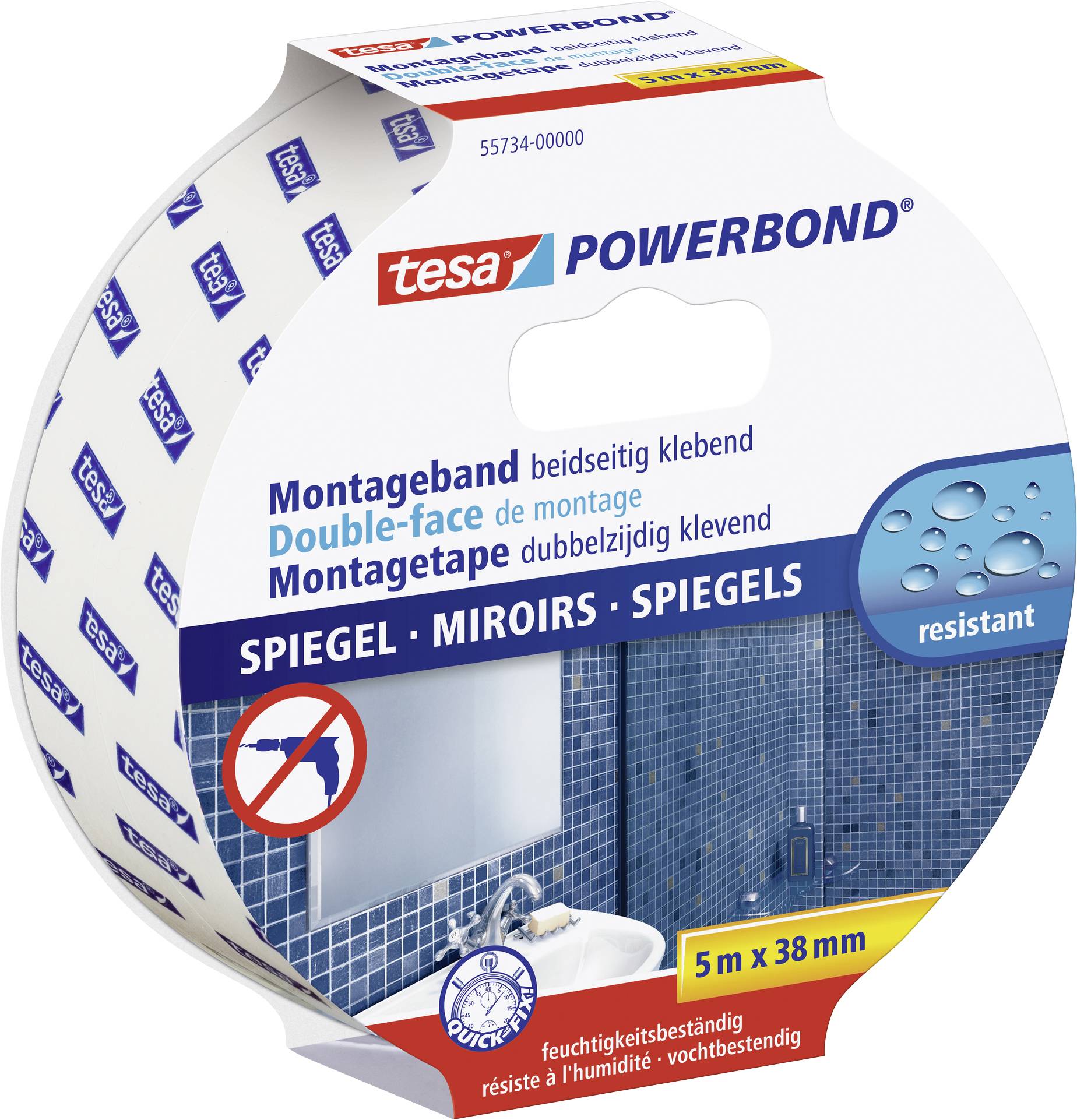 Roll of adhesive tape with 'tesa POWERBOND' inscription for mirror mounting. Dimensions: 5 m x 38 mm. Packaging shows an attached mirror.