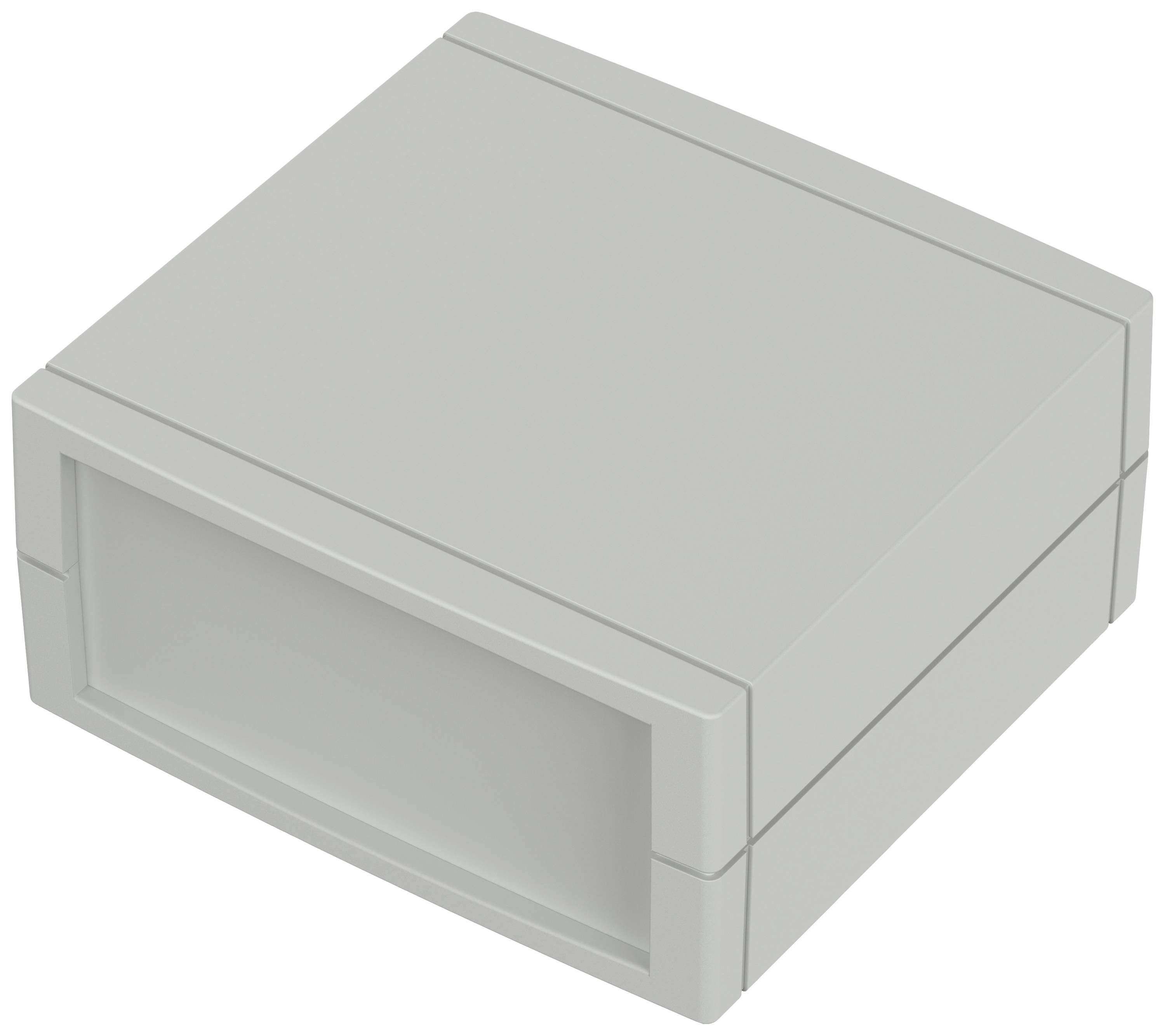 Grey, rectangular electronic enclosure with a lid and notches along the edges. Suitable for electronic components.