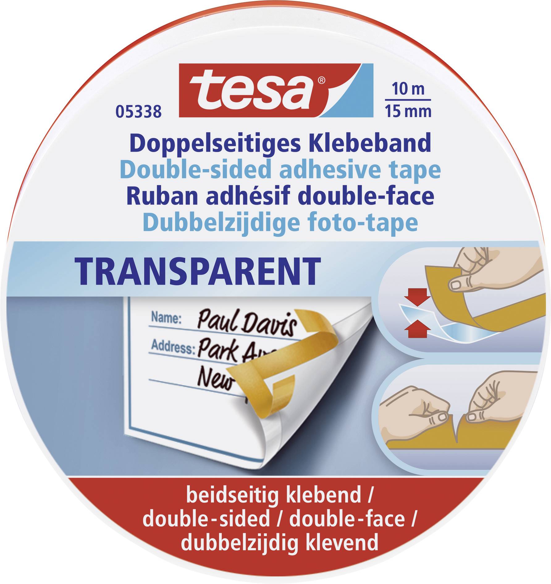 Double-sided adhesive tape by tesa, transparent, 10 m x 15 mm. Suitable for photographs; demonstrates application on paper and cardboard.