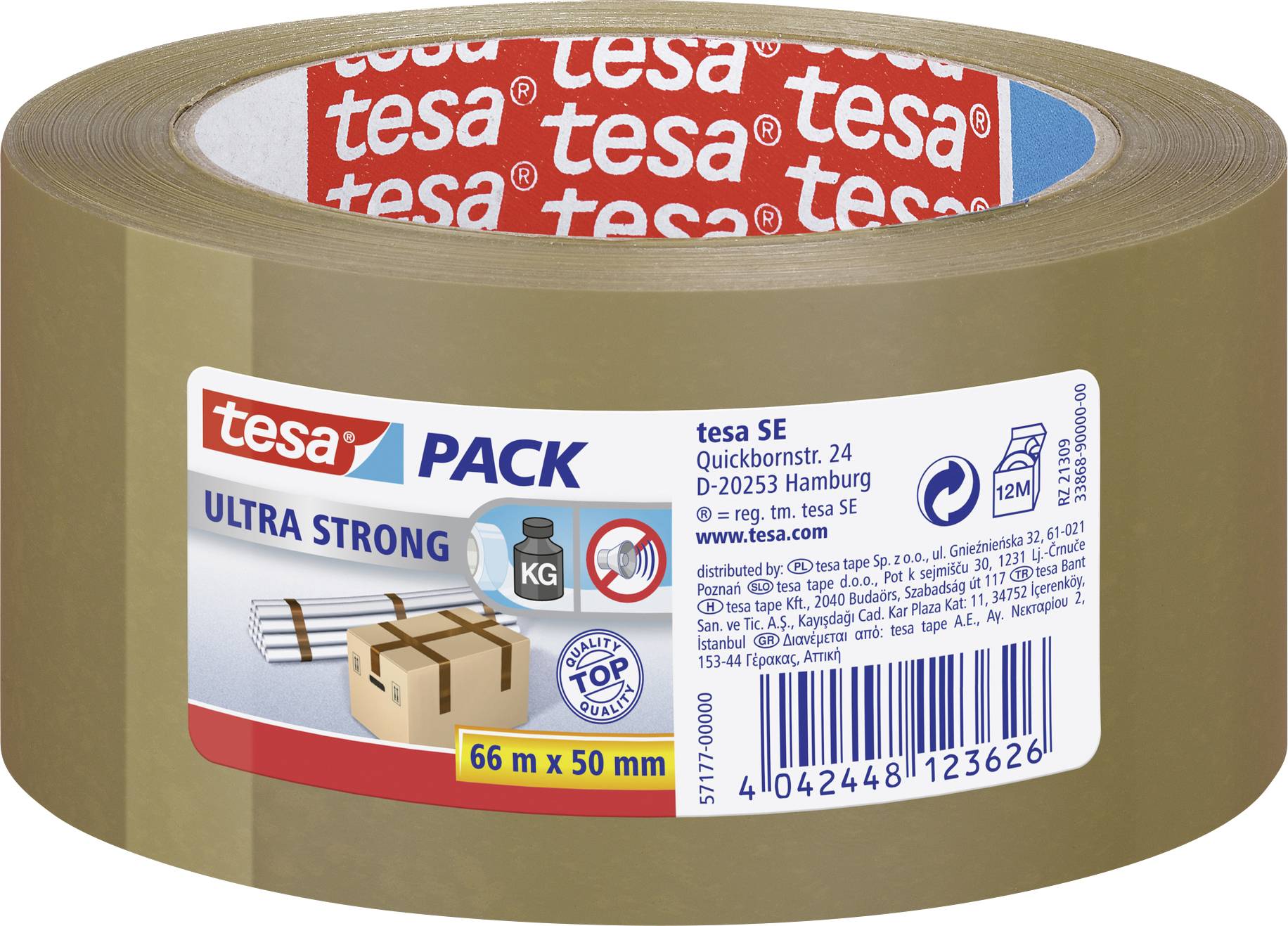A brown roll of packing tape with a label showing 'tesa Ultra Strong', ideal for boxing and packaging. Length: 66m, Width: 50mm.