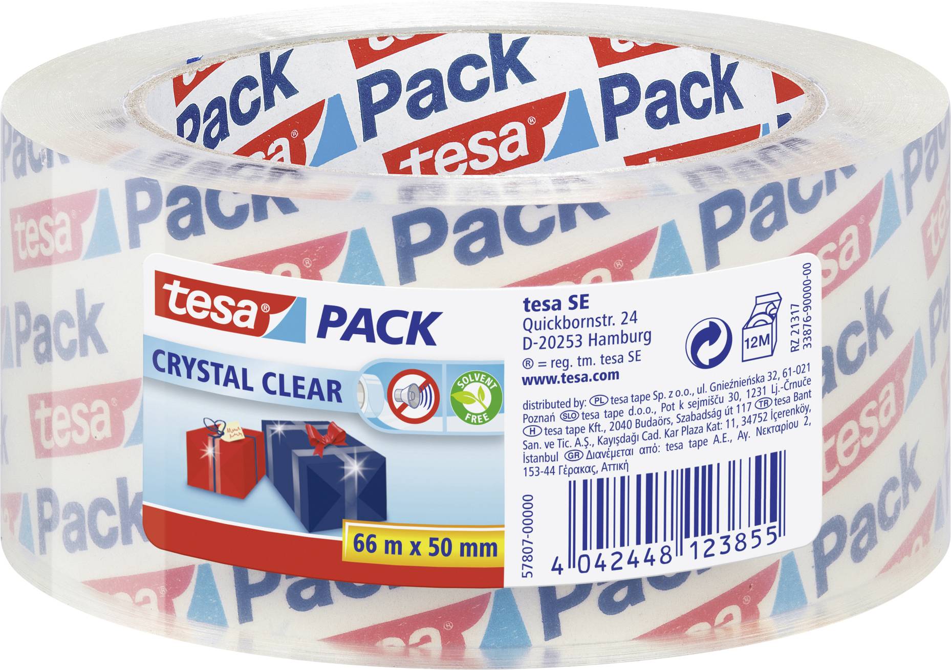 A roll of transparent adhesive tape printed with 'tesa Pack Crystal Clear'. Length: 66 m, Width: 50 mm. Packaging shows gifts.