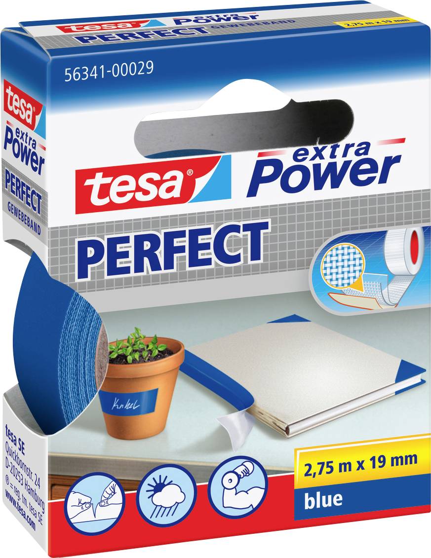 A package of Tesa extra Power Perfect tape, 2.75m x 19mm, blue. The box features images suggesting uses like repair and bundling.