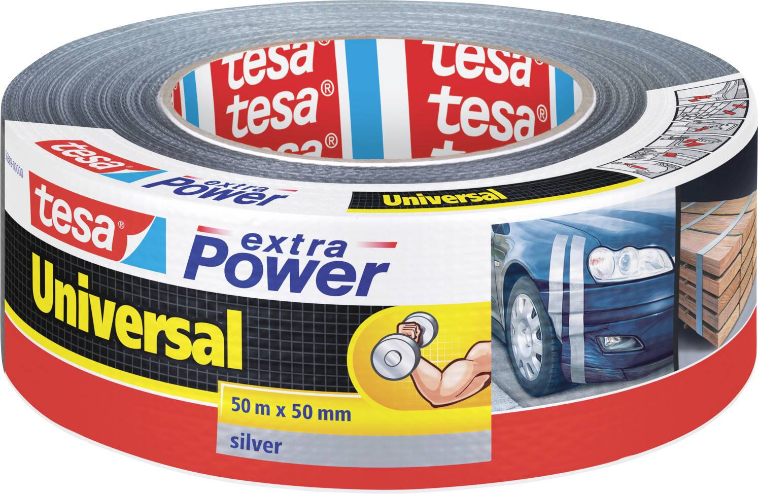A roll of tesa extra Power Universal tape, 50m x 50mm, silver. Packaging shows applications for car repair and packaging.
