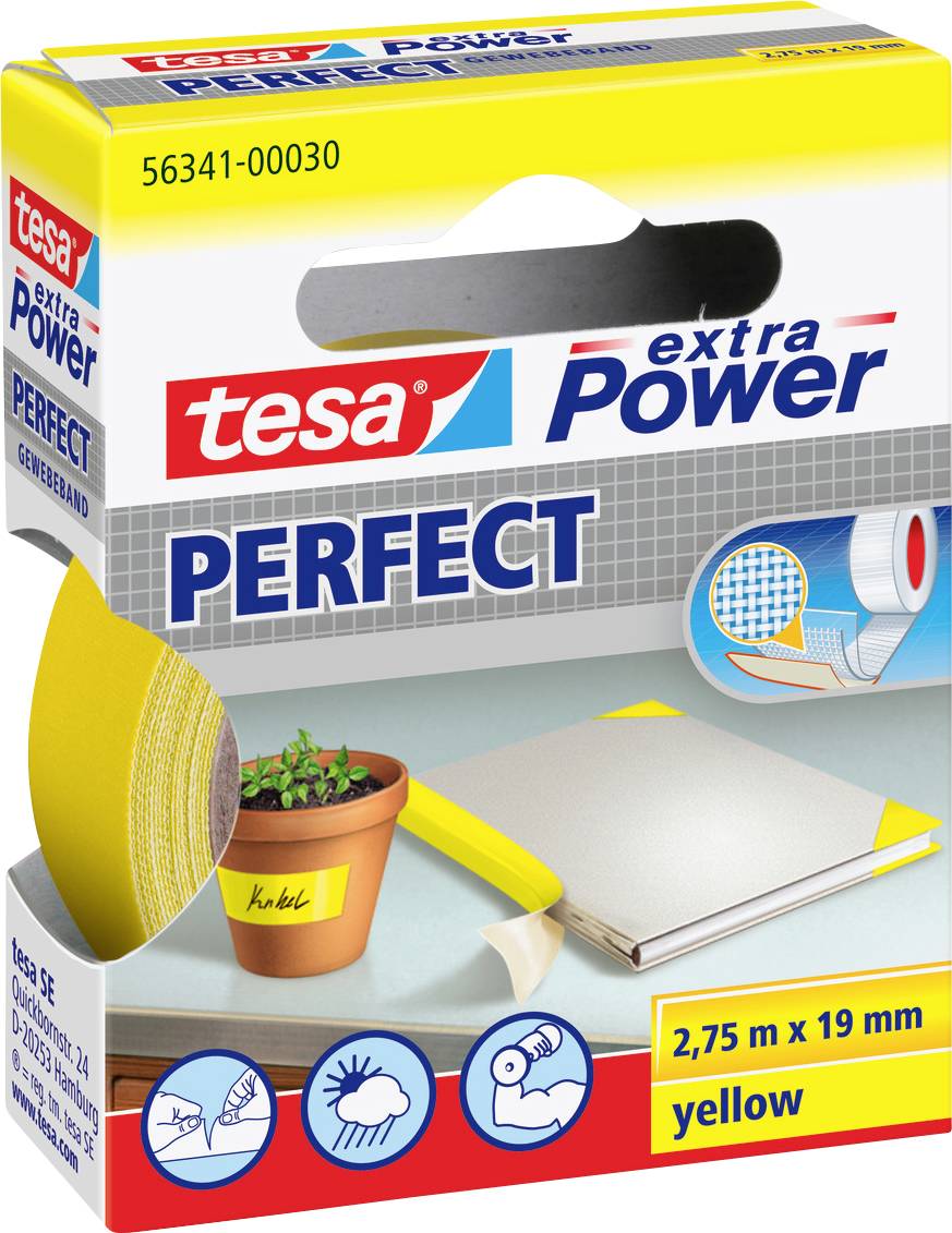 A roll of yellow adhesive tape in a box labeled 'tesa extra Power PERFECT'. Box shows applications and measures 2.75 m x 19 mm.