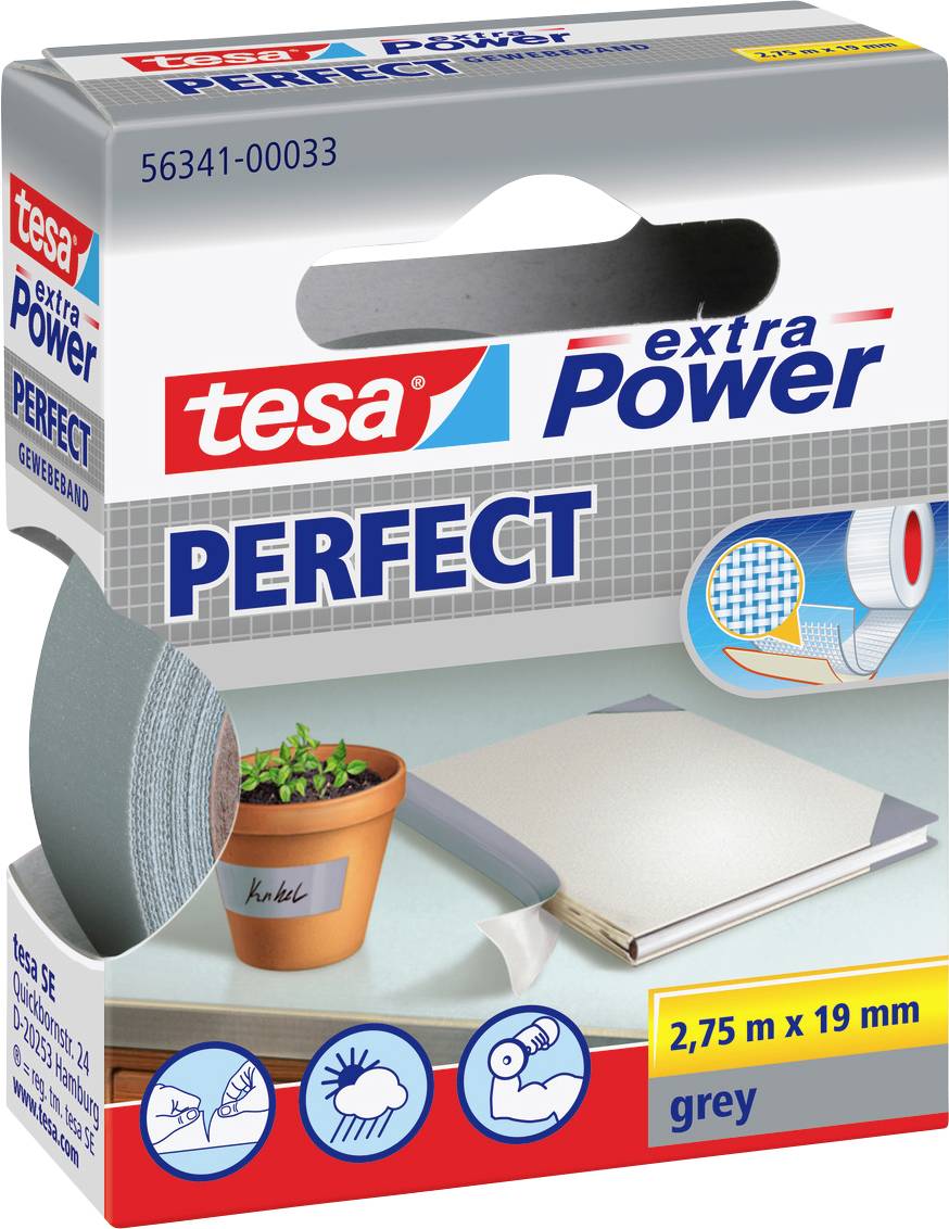 'Tesa extra Power Perfect' grey adhesive tape packaging featuring images of tape roll, plant pot, bookbinding, and weather icons.