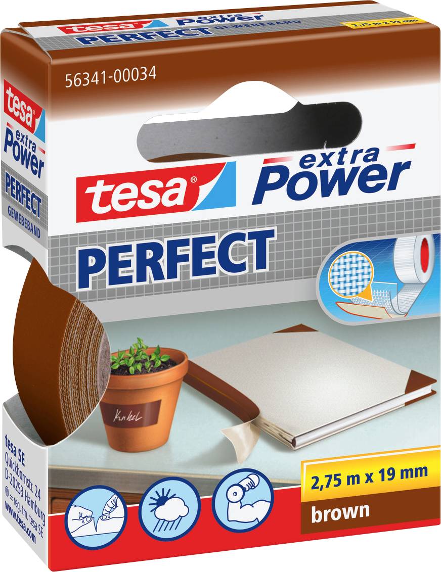 'tesa extra Power PERFECT' brown adhesive tape packaging with images showing uses for various repairs and crafting. Measures 2.75m x 19mm.