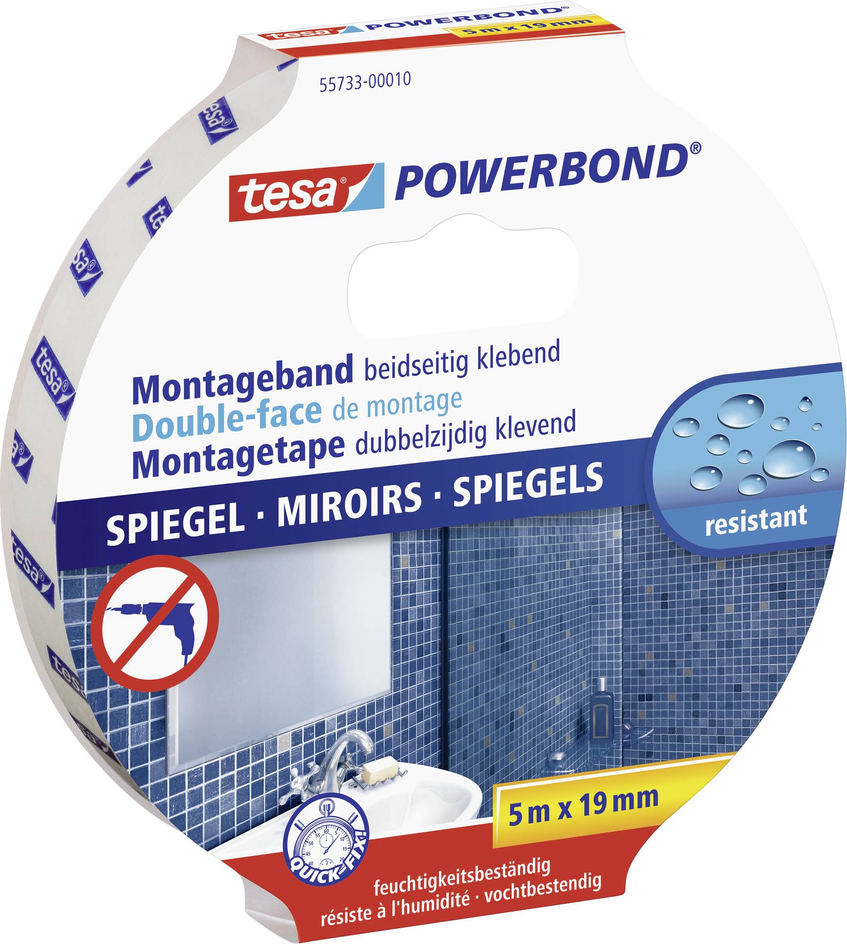 A pack of tesa Powerbond mounting tape, double-sided adhesive, 5 m x 19 mm. Suitable for mirrors, moisture-resistant, withstands humidity.