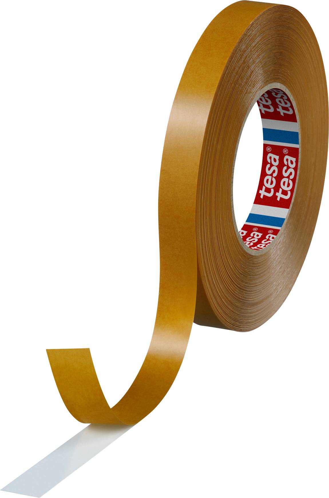 A roll of double-sided adhesive tape by the brand 'tesa' in brown, with the logo depicted on the inside.