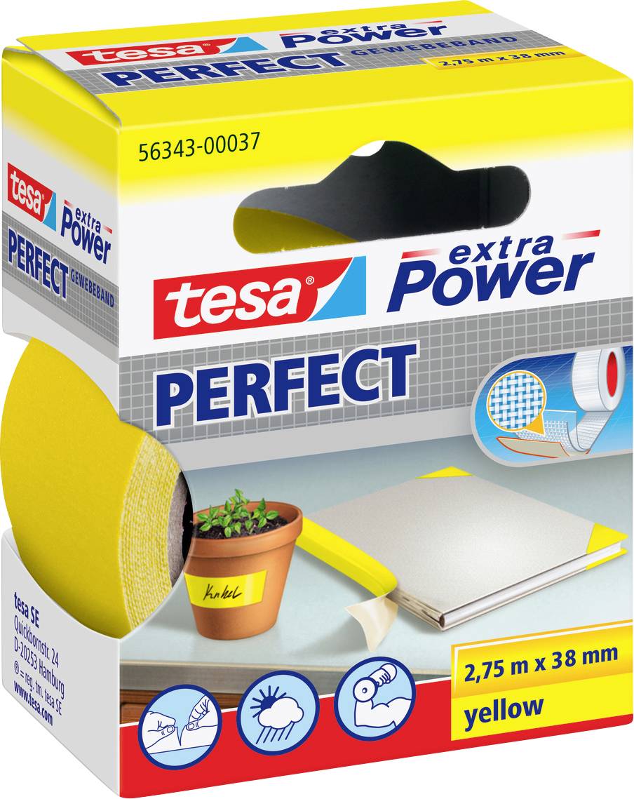 A box of tesa extra Power Perfect tape, 2.75 m x 38 mm, yellow. Shows uses like plant repair, book covering, and sports equipment.