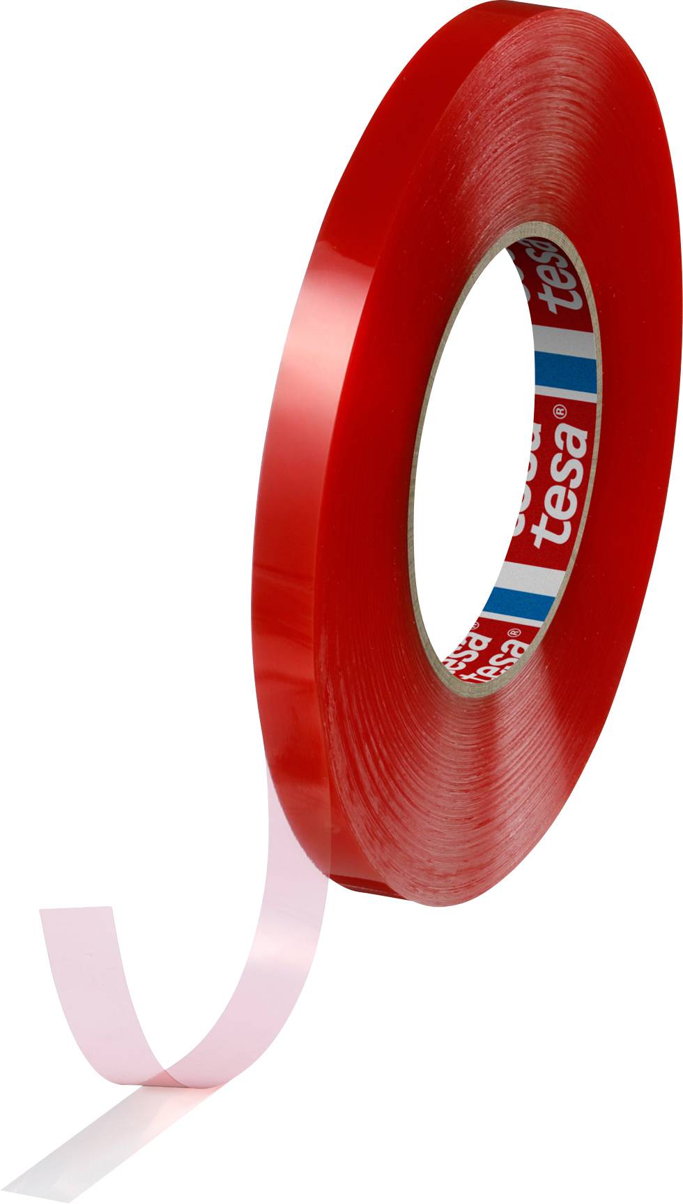 Red roll of adhesive tape with a transparent adhesive strip, 'tesa' logo visible.