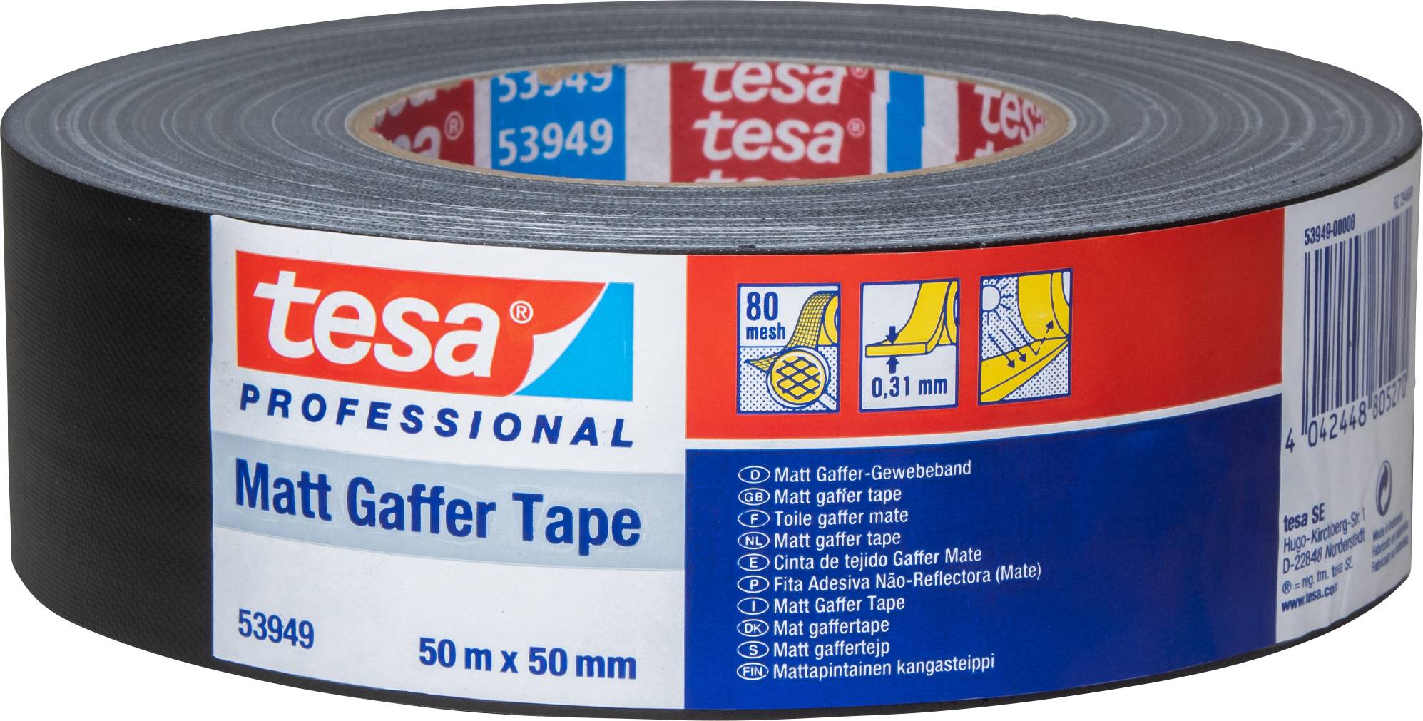 Roll of tesa Matt Gaffer Tape, 50 m x 50 mm, matt black, for professional applications, 80 Mesh, 0.31 mm thick.