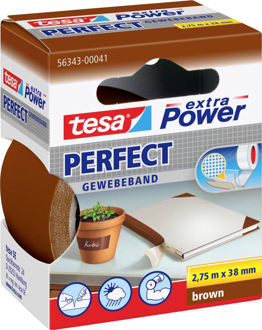 Packaging for 'tesa extra Power Perfect' adhesive tape, 2.75 m x 38 mm, brown. Illustrates uses like plant pot repair and bundling.