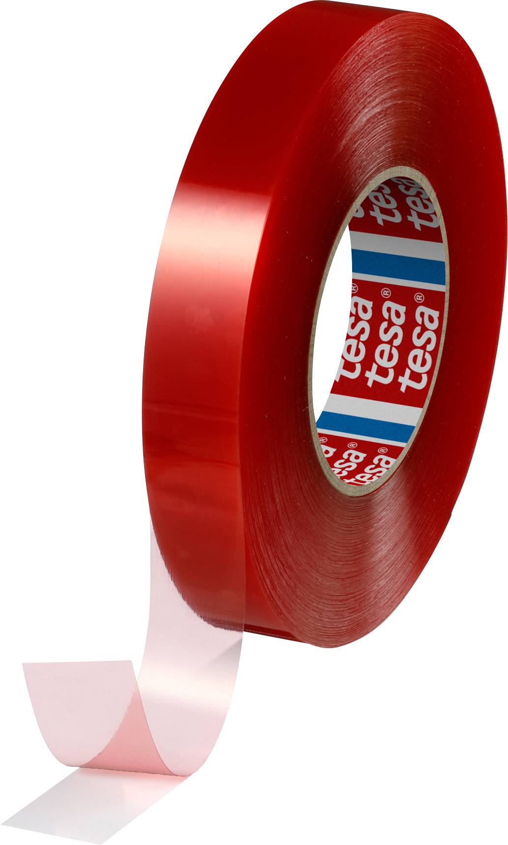 Transparent, double-sided adhesive tape in red, partially unrolled. The brand name 'tesa' visible on the inner roll.