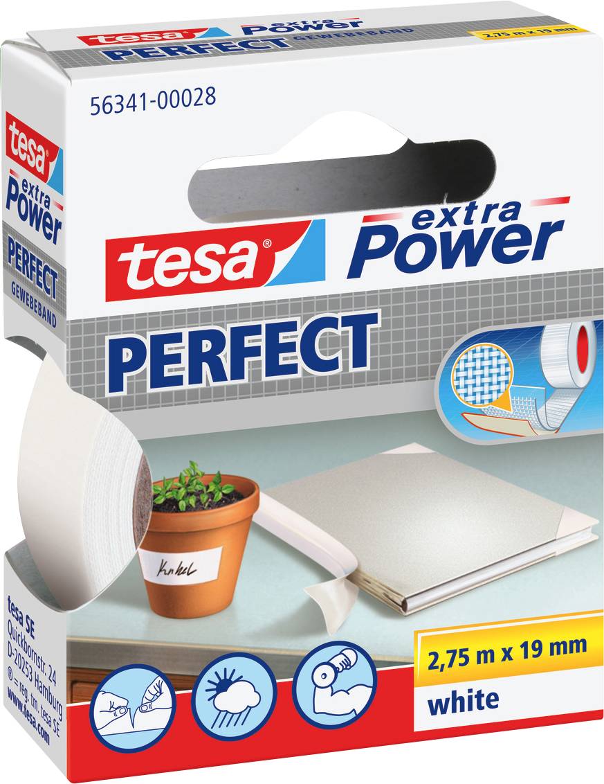'tesa extra Power PERFECT' white adhesive tape packaging showing tape roll, garden pot with plant, soccer ball, and foam model.