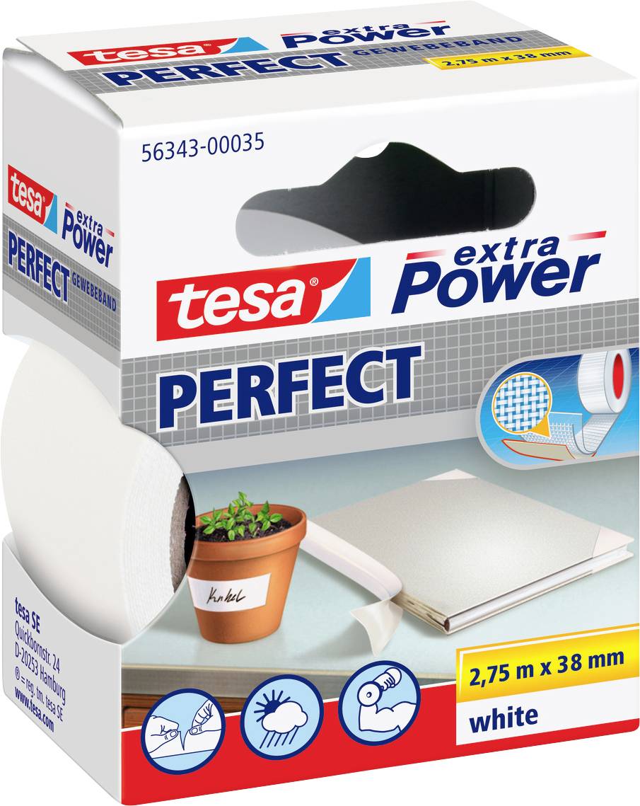 'Tesa extra Power Perfect' adhesive tape, 2.75 m x 38 mm, white. Package shows tape use for outdoor repairs and crafting.