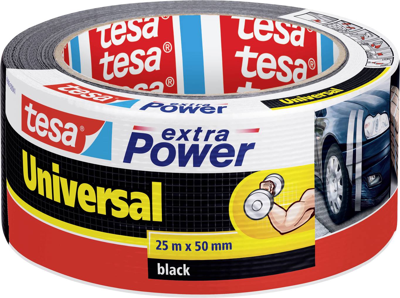 A roll of black adhesive tape labeled 'tesa extra Power Universal 25 m x 50 mm.' The packaging shows a car and a dumbbell.