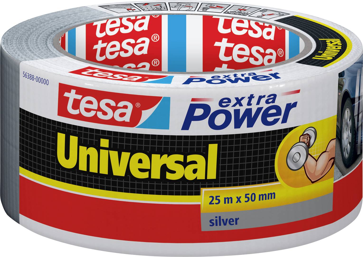 Silver duct tape roll labeled 'tesa extra Power Universal', 25m x 50mm, suitable for various repair tasks.
