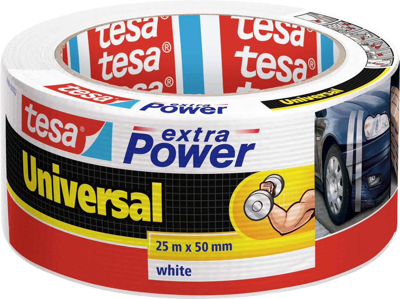 The image shows a roll of Tesa Universal extra power tape, 25m x 50mm, white. The packaging features illustrations and a car photo.