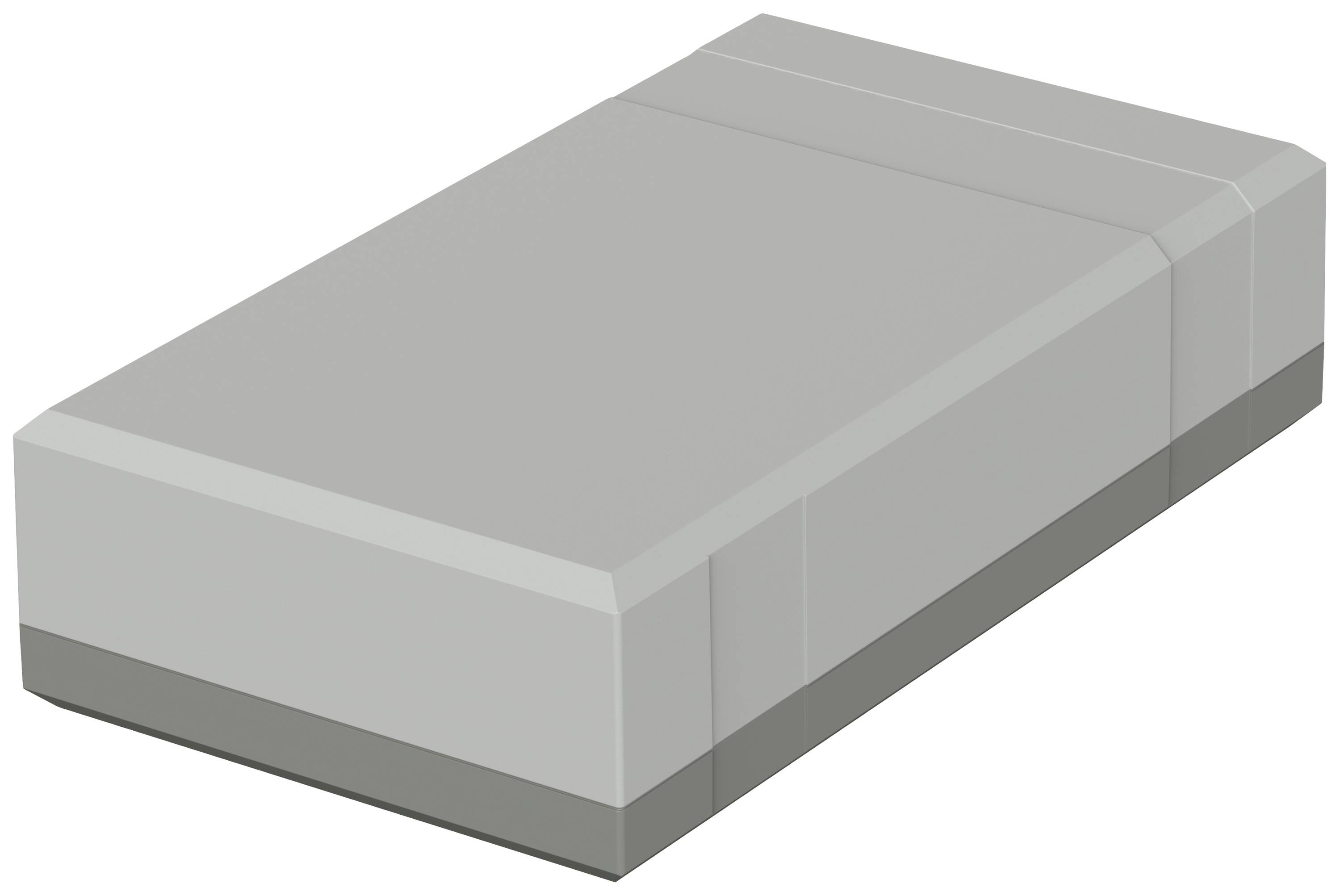 A grey plastic eraser, rectangular and flat, lies on a smooth surface.