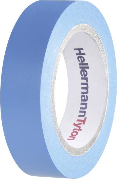 Blue insulating tape by HellermannTyton, standing upright, showing an inner ring made of white material with brand printing.