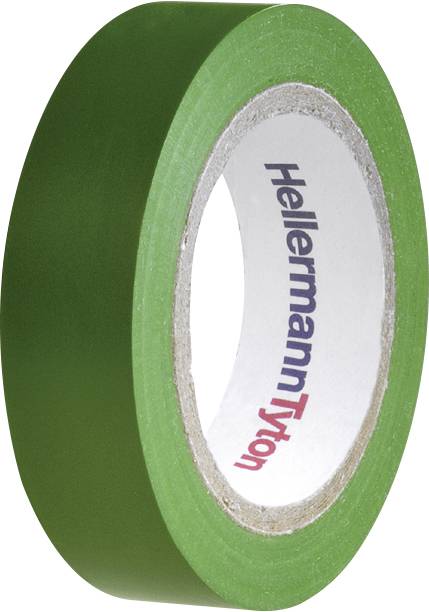 Green insulating tape, partially unrolled, with a white inner ring. Marking contains the name 'HellermannTyton'.