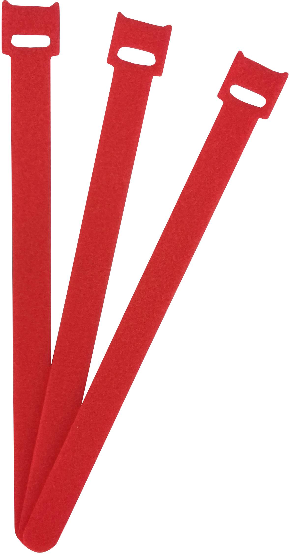 Three red hook-and-loop fasteners placed side by side on a white background. They are narrow and rectangular with openings at both ends.