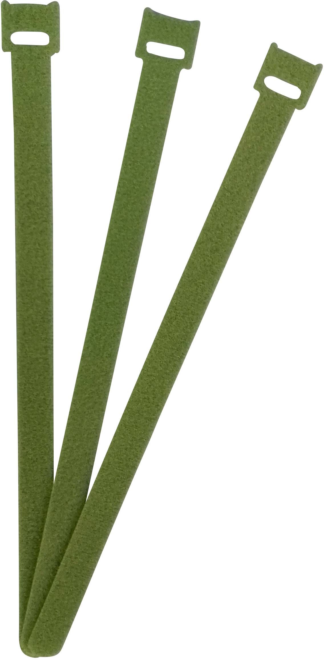 Three green cable ties lined up next to each other, used for securing objects.