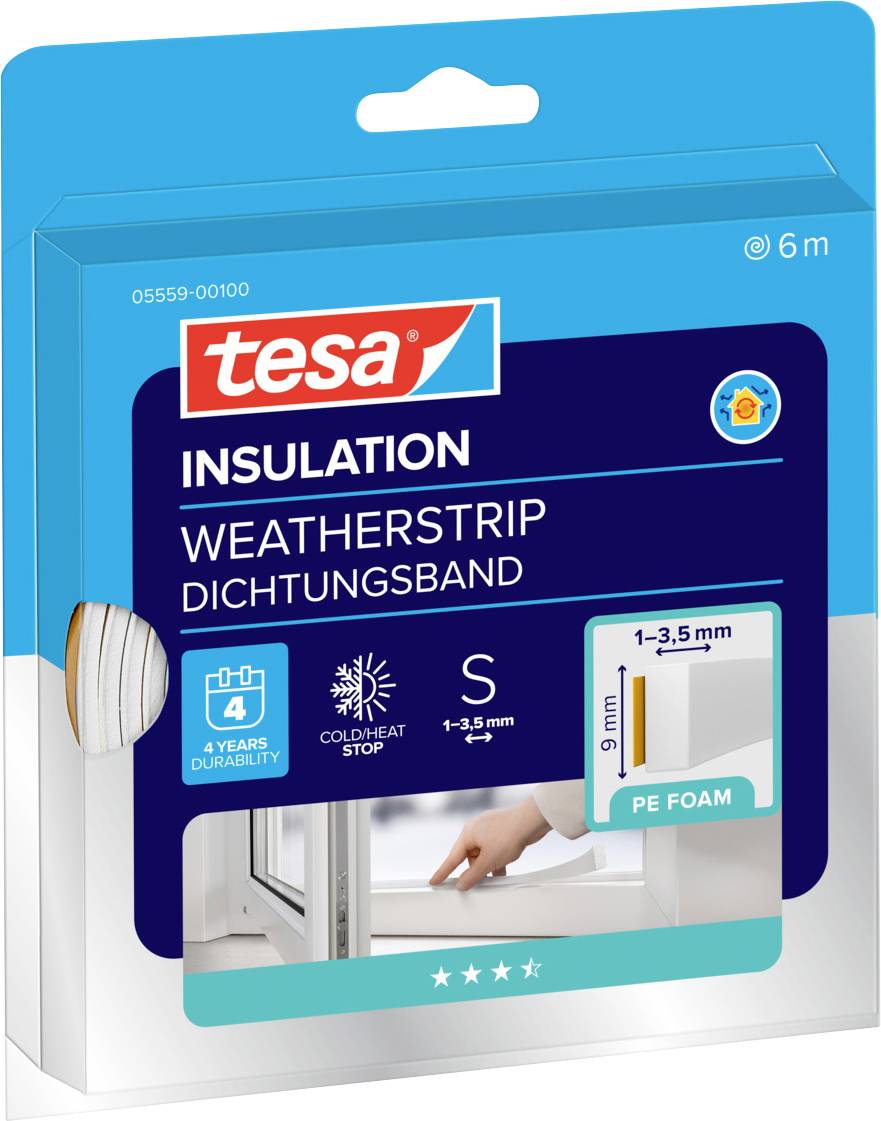 Package of weatherstrip insulation by Tesa, featuring PE foam. Designed for Coldheat stop, size S, seals 1-3.5mm gaps.
