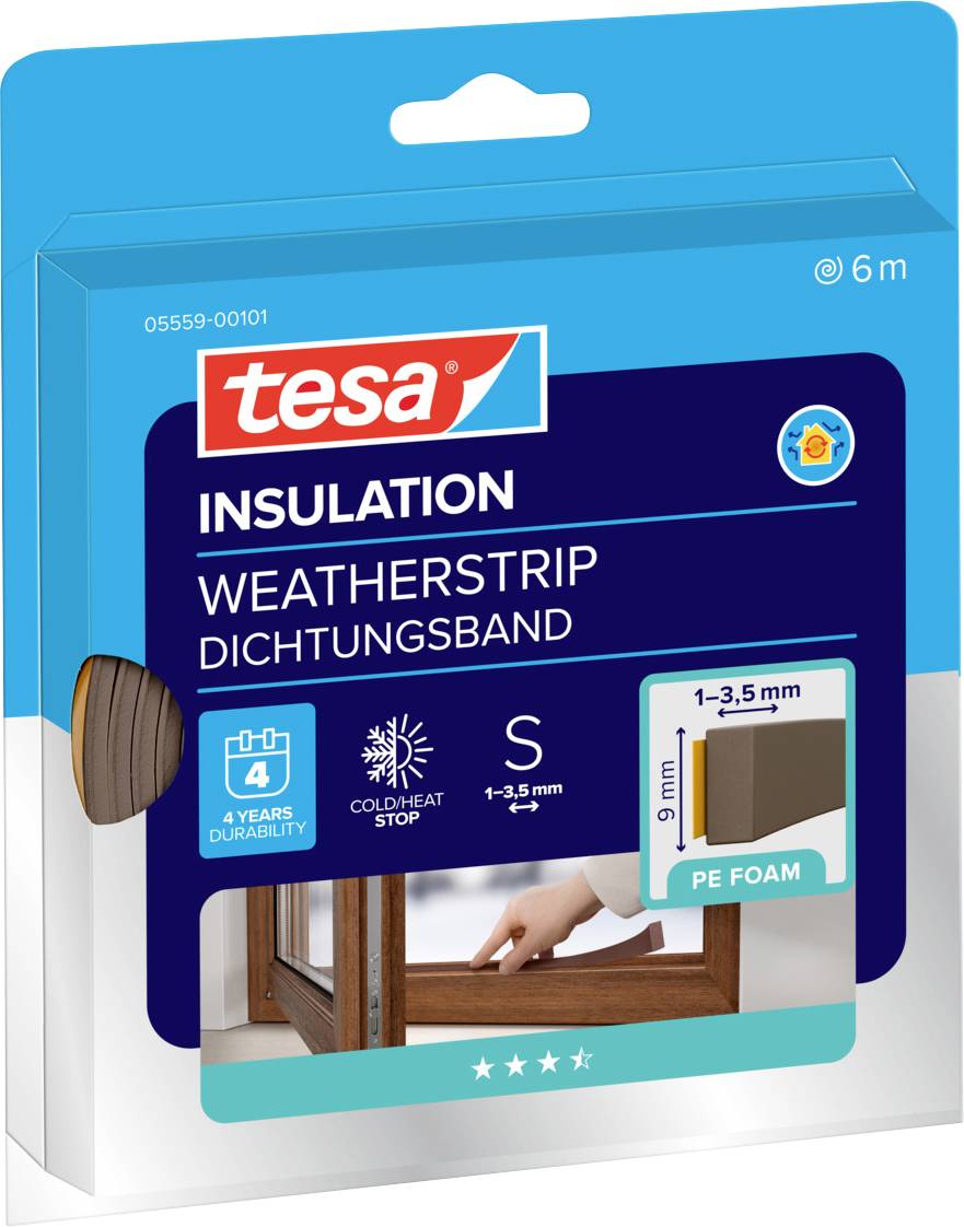 Packaging for Tesa insulation weatherstrip, shown as suitable for gaps 1-3.5mm. Features PE foam, cold/heat stop, 6m length, 4-year durability.