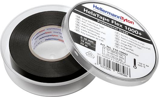 Black insulating tape, HelaTape Flex 1000+ by HellermannTyton, suitable for temperatures from -18°C to +105°C, width 19mm, length 20m.
