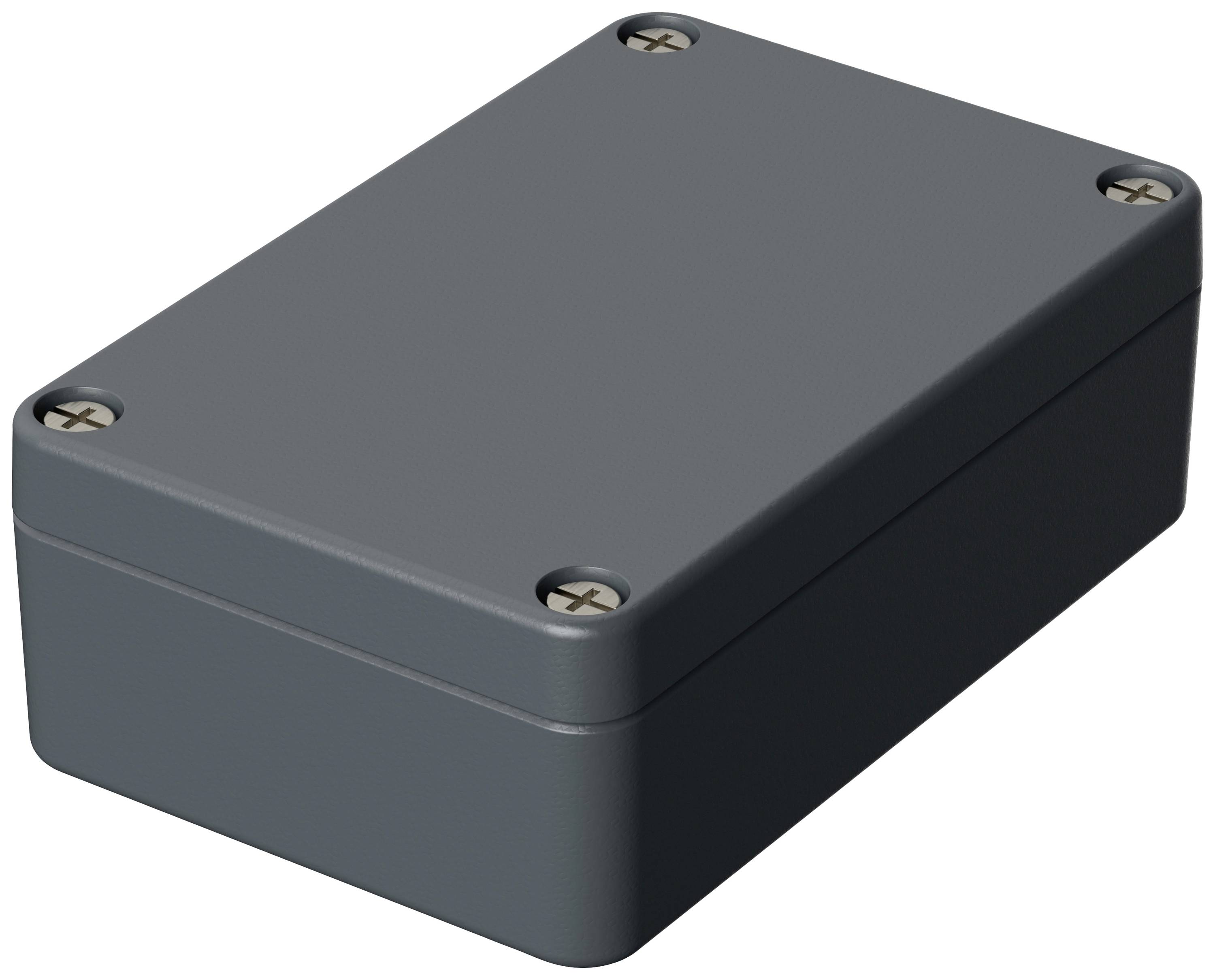 Anthracite grey rectangular plastic box with rounded corners and four silver screws at the corners of the lid.