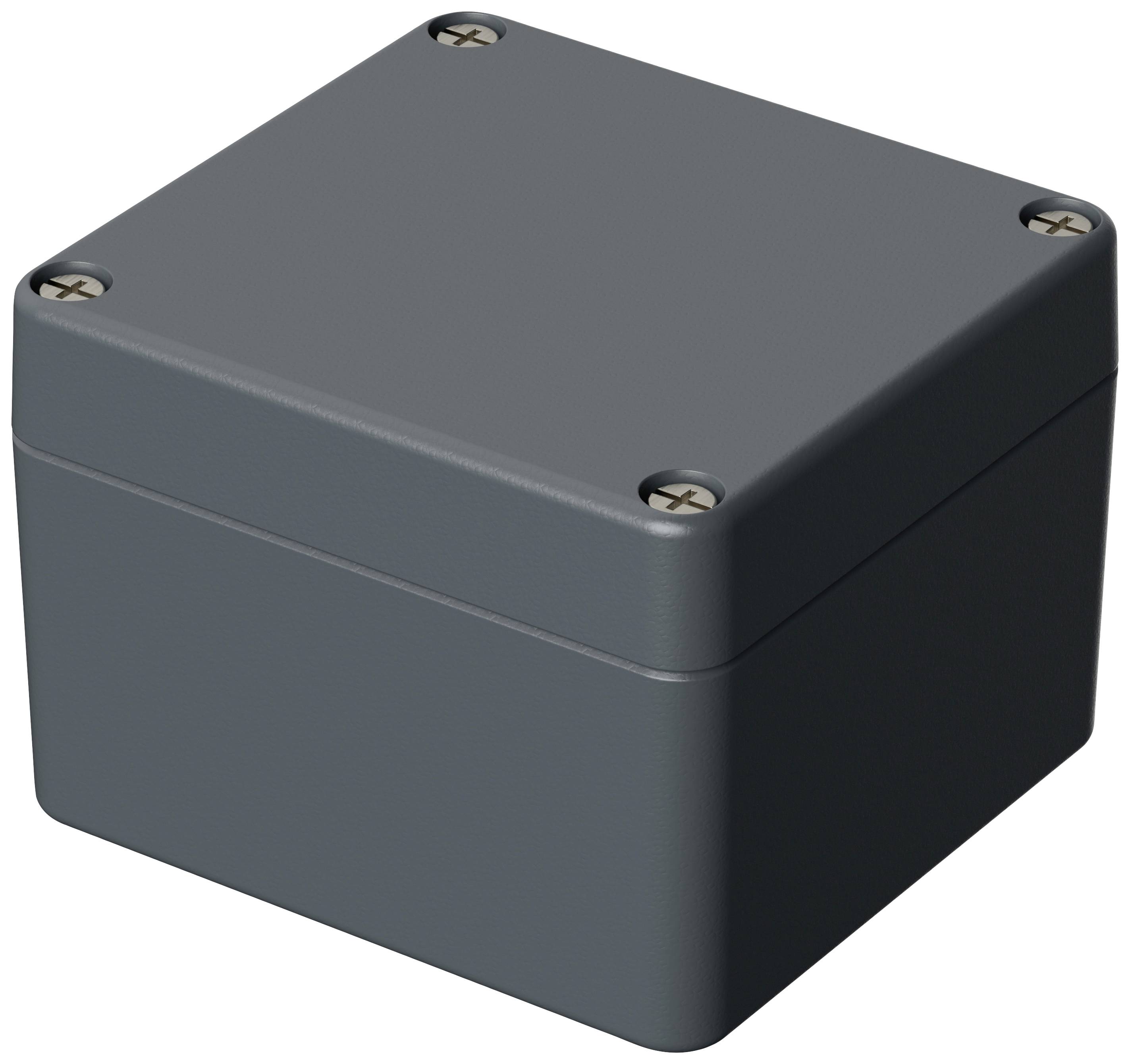 A dark grey, square enclosure with rounded corners, secured with four screws at the corners of the lid.