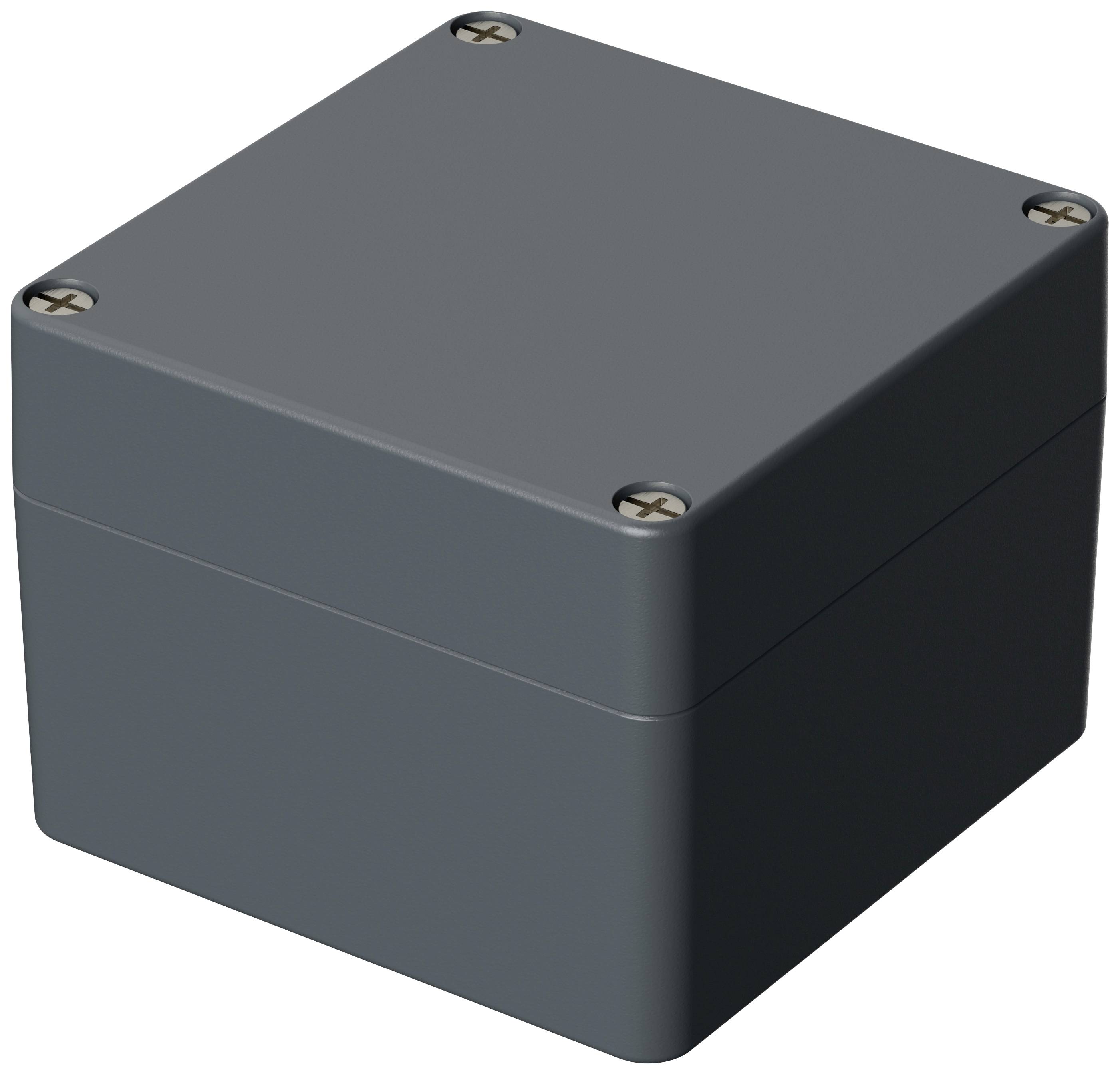Grey, square plastic box with screws at each corner, possibly a weatherproof junction box for electrical cables.