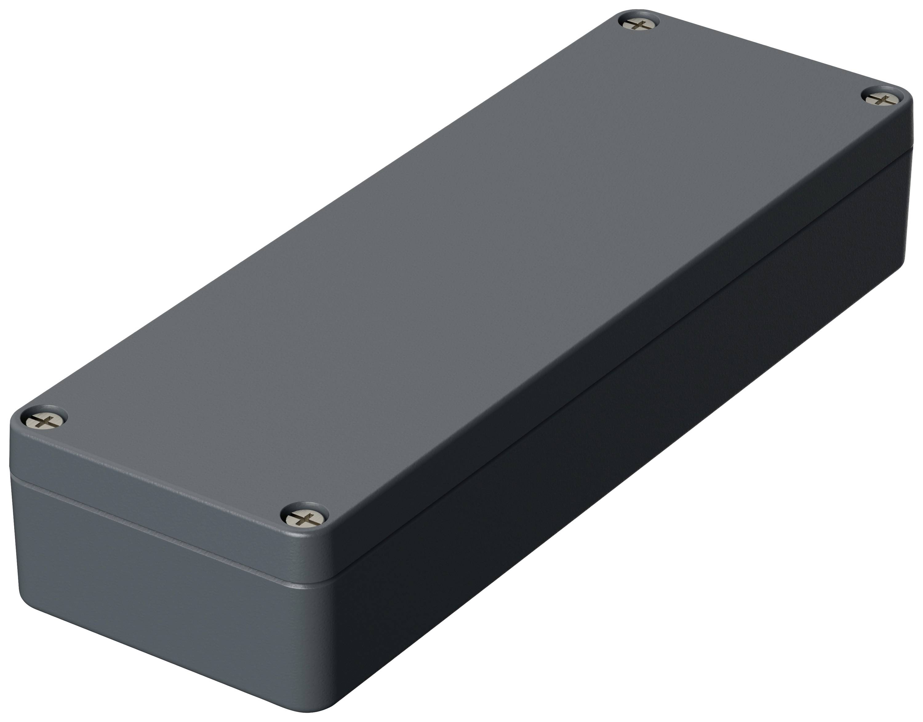 Rectangular, dark enclosure with rounded corners and screws at each corner, likely for electronic components.