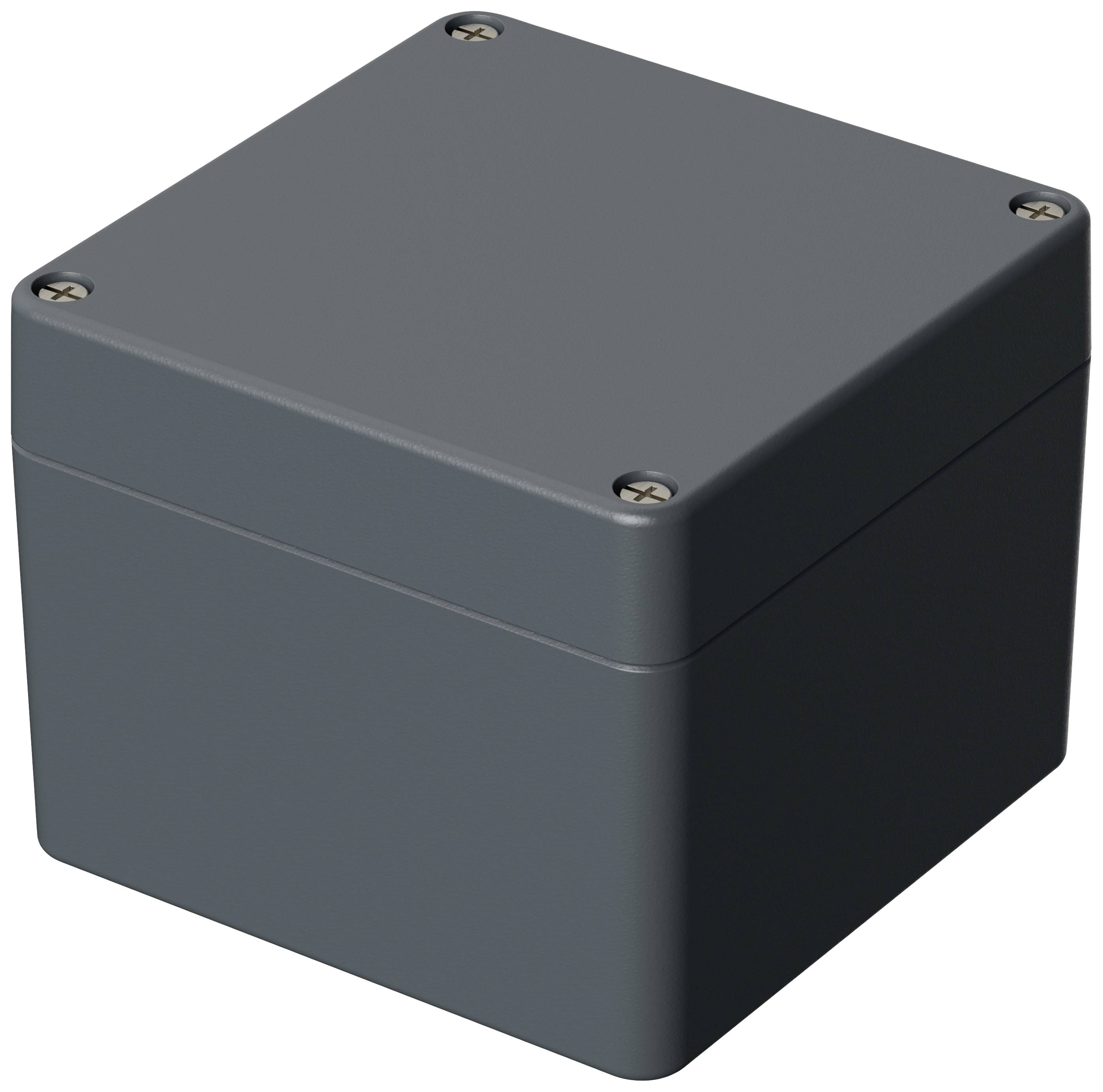 A grey, rectangular enclosure with screws at the corners, most likely made of plastic.