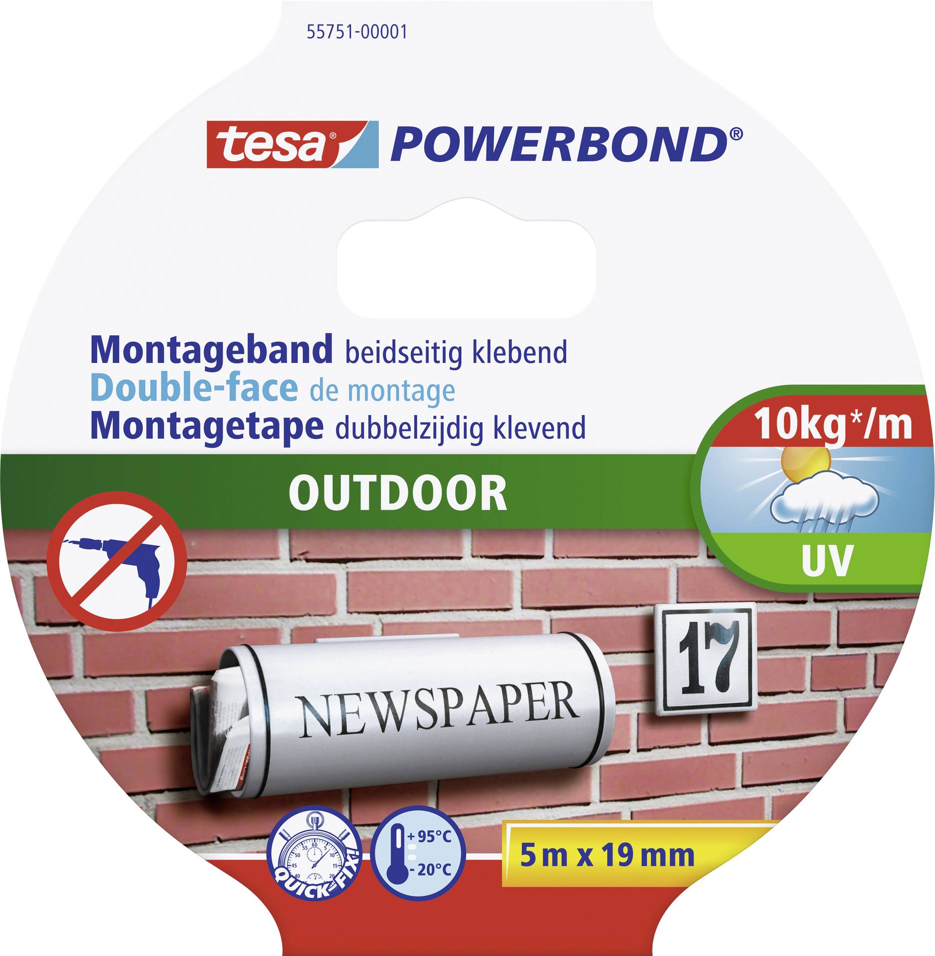 Double-sided mounting tape 'tesa Powerbond' for exterior use, load-bearing capacity of 10 kg/m, suitable for temperatures from -10°C to +95°C.